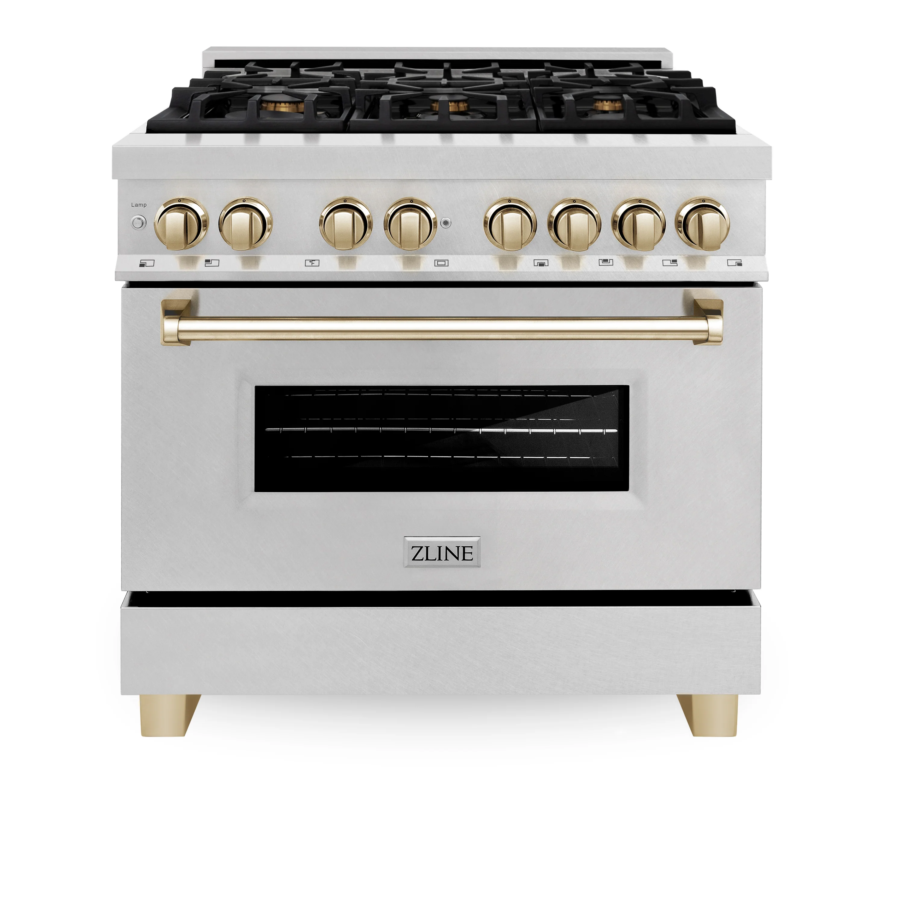 ZLINE Autograph Edition 36 in. 4.6 cu. ft. Legacy Dual Fuel Range with 6 Burner Gas Cooktop and Electric Convection Oven in Satin Stainless Steel and Polished Gold Accents (RASZ-SN-36-G) - Image 6