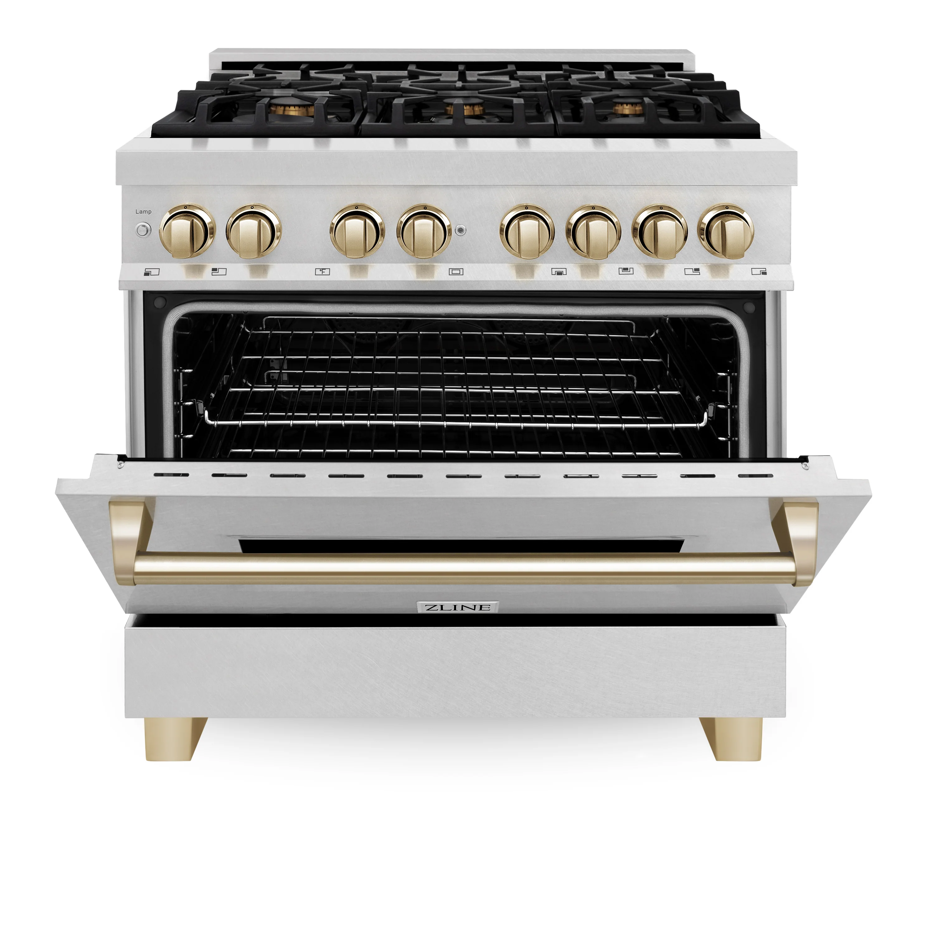 ZLINE Autograph Edition 36 in. 4.6 cu. ft. Legacy Dual Fuel Range with 6 Burner Gas Cooktop and Electric Convection Oven in Satin Stainless Steel and Polished Gold Accents (RASZ-SN-36-G) - Image 7