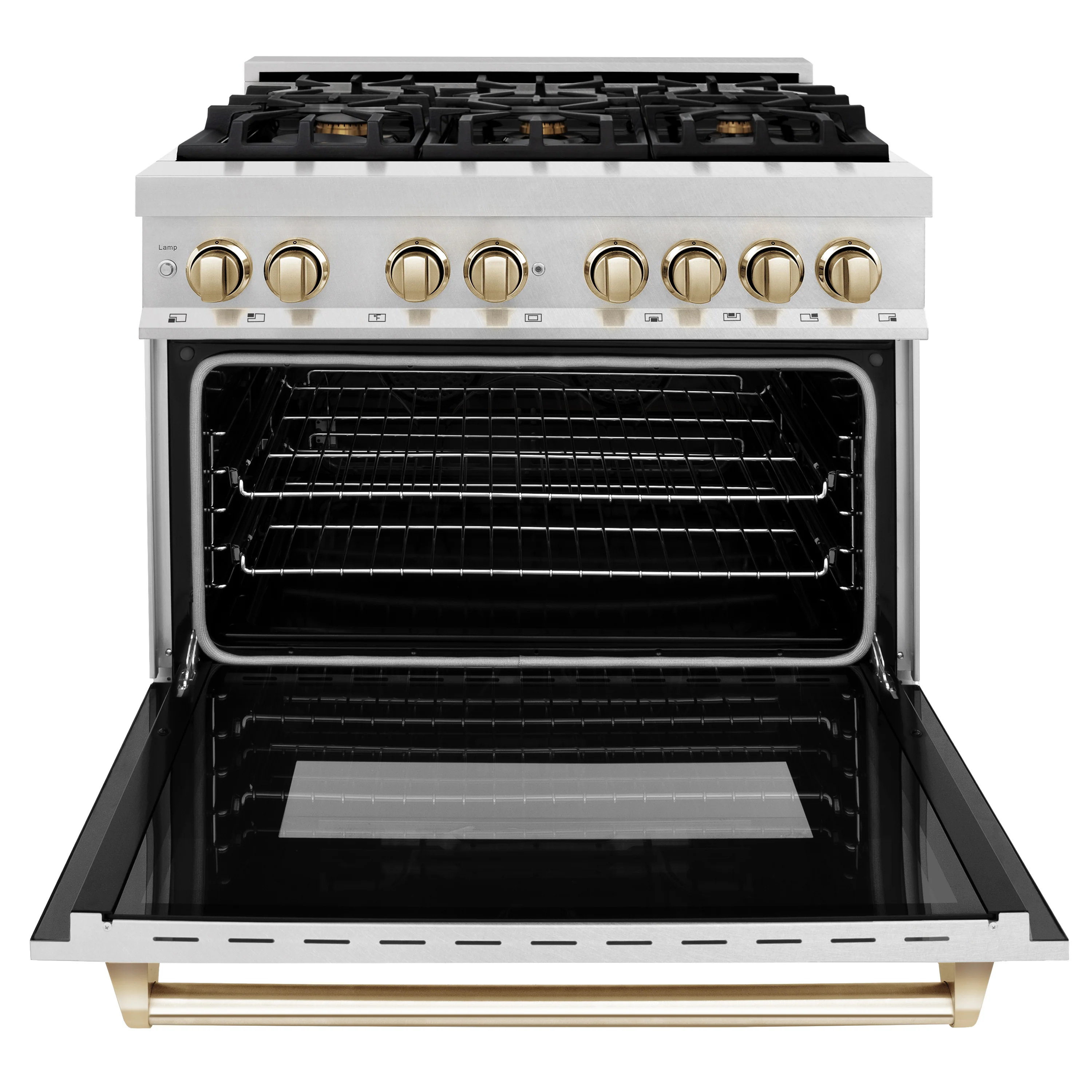 ZLINE Autograph Edition 36 in. 4.6 cu. ft. Legacy Dual Fuel Range with 6 Burner Gas Cooktop and Electric Convection Oven in Satin Stainless Steel and Polished Gold Accents (RASZ-SN-36-G) - Image 8