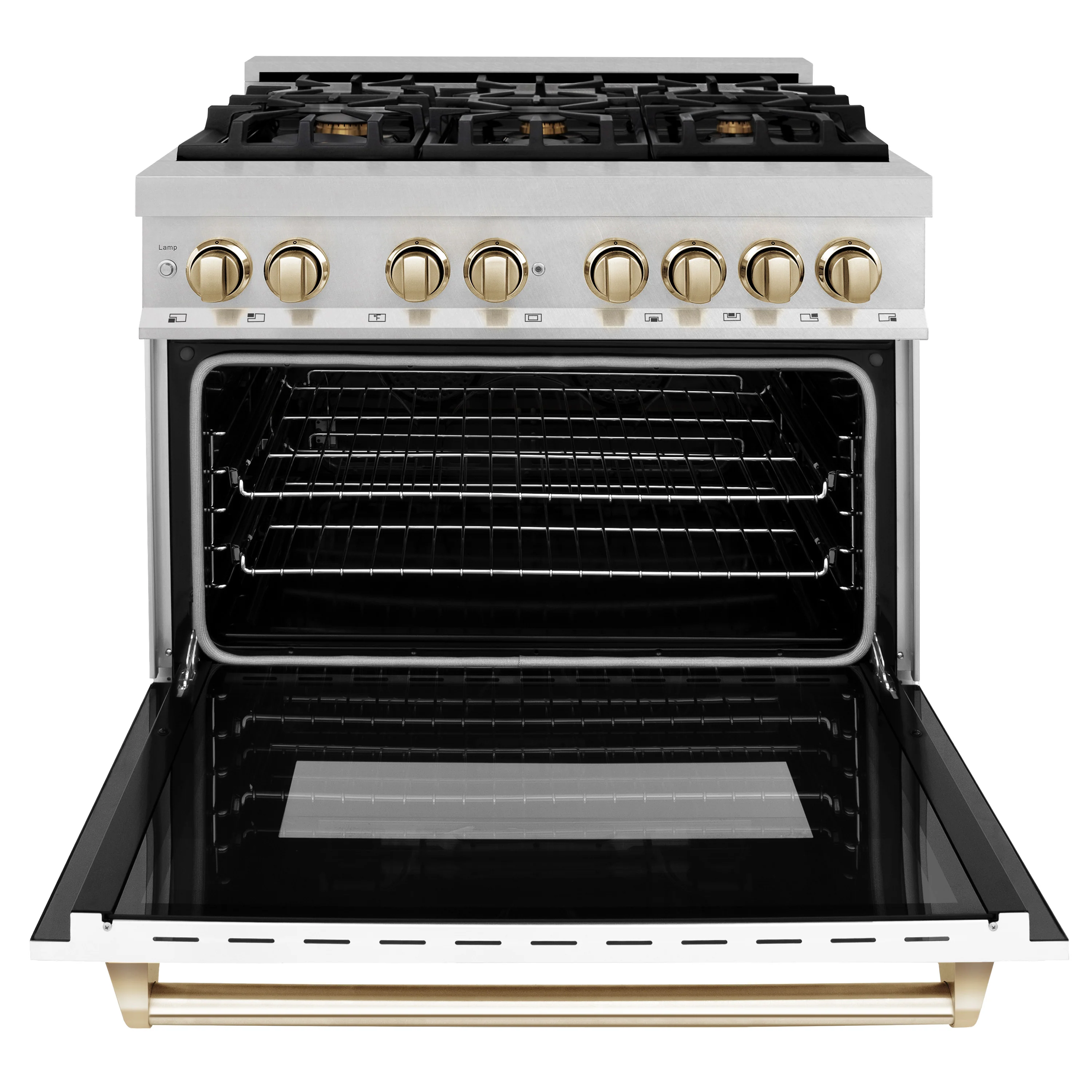 ZLINE Autograph Edition 36 in. 4.6 cu. ft. Legacy Dual Fuel Range with 6 Burner Gas Cooktop and Electric Convection Oven in Satin Stainless Steel with White Matte Door and Polished Gold Accents (RASZ-WM-36-G) - Image 6