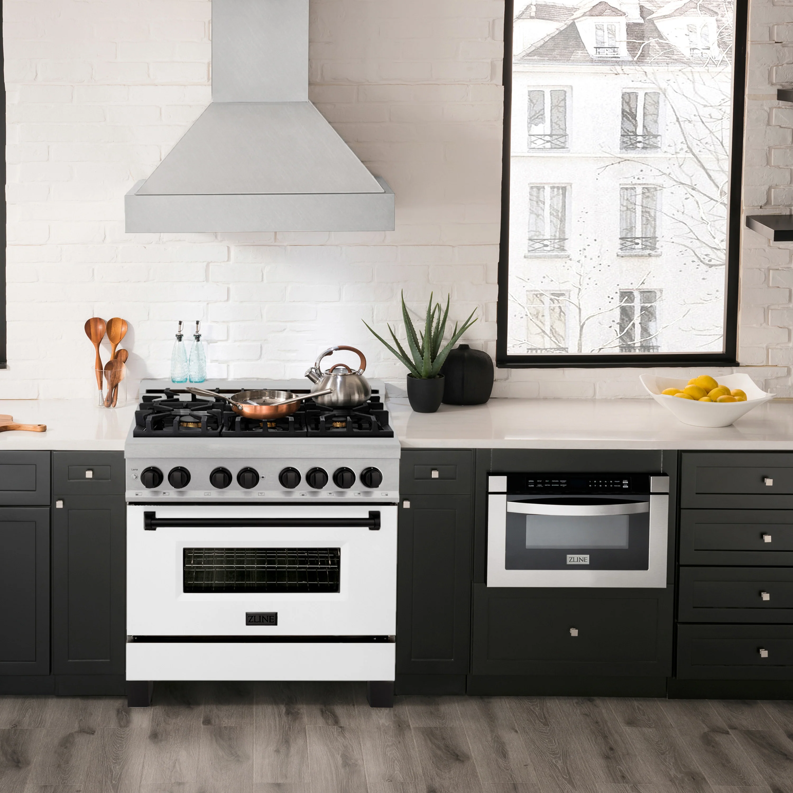 ZLINE Autograph Edition 36 in. 4.6 cu. ft. Legacy Dual Fuel Range with 6 Burner Gas Cooktop and Electric Convection Oven in Satin Stainless Steel with White Matte Door and Matte Black Accents (RASZ-WM-36-MB) - Image 2