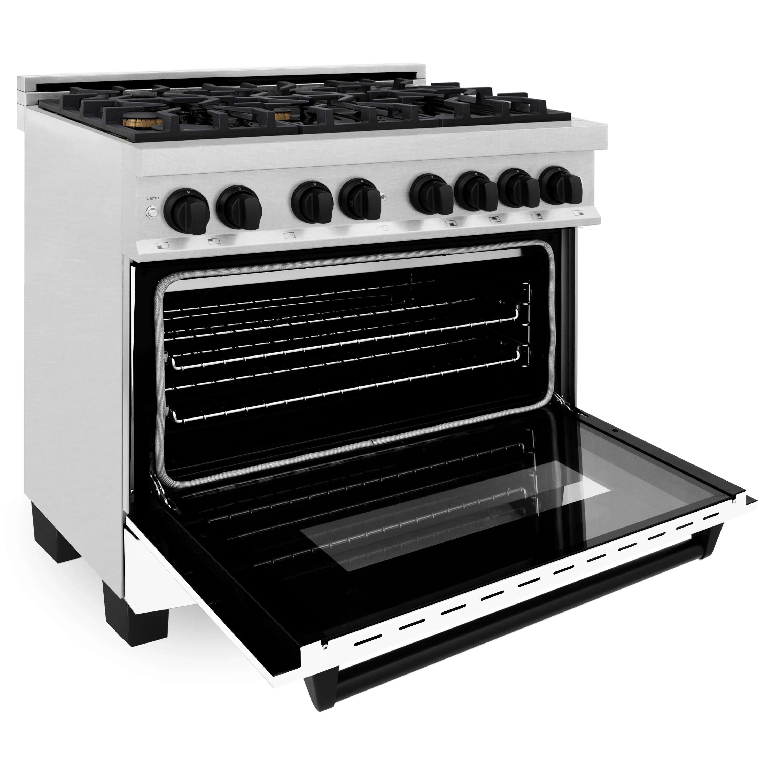 ZLINE Autograph Edition 36 in. 4.6 cu. ft. Legacy Dual Fuel Range with 6 Burner Gas Cooktop and Electric Convection Oven in Satin Stainless Steel with White Matte Door and Matte Black Accents (RASZ-WM-36-MB) - Image 4