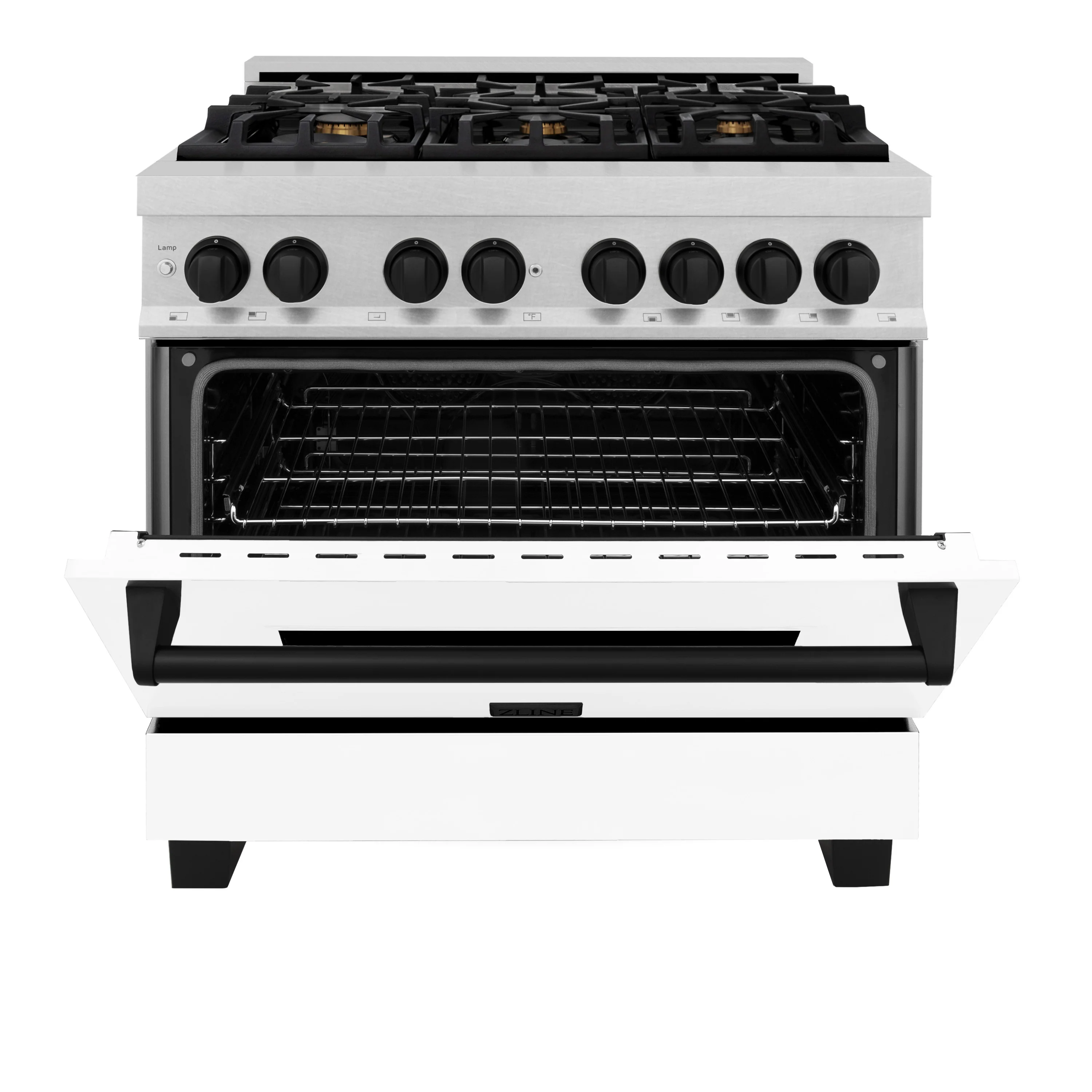 ZLINE Autograph Edition 36 in. 4.6 cu. ft. Legacy Dual Fuel Range with 6 Burner Gas Cooktop and Electric Convection Oven in Satin Stainless Steel with White Matte Door and Matte Black Accents (RASZ-WM-36-MB) - Image 6
