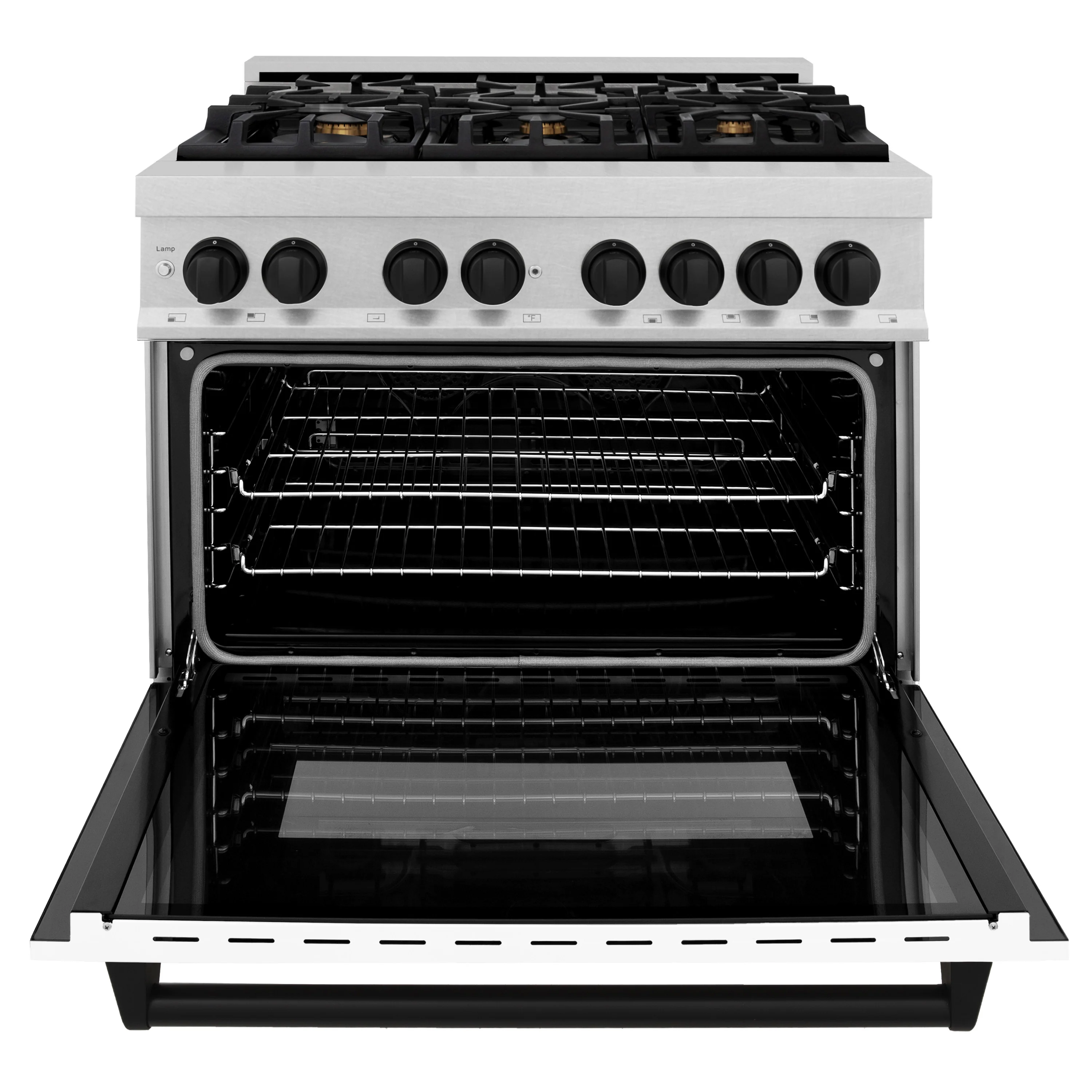 ZLINE Autograph Edition 36 in. 4.6 cu. ft. Legacy Dual Fuel Range with 6 Burner Gas Cooktop and Electric Convection Oven in Satin Stainless Steel with White Matte Door and Matte Black Accents (RASZ-WM-36-MB) - Image 7