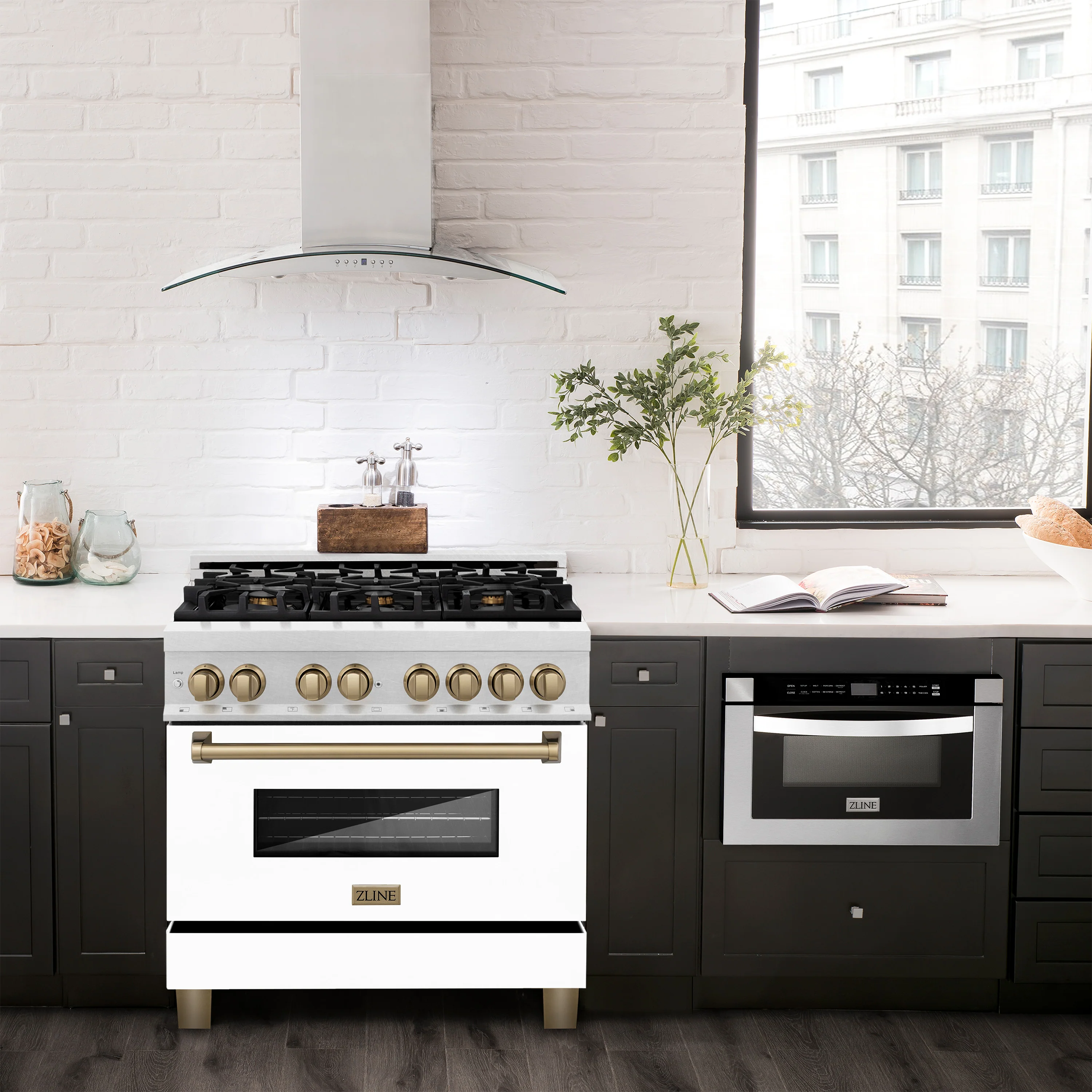 ZLINE Autograph Edition 36 in. 4.6 cu. ft. Legacy Dual Fuel Range with 6 Burner Gas Cooktop and Electric Convection Oven in Satin Stainless Steel with White Matte Door and Champagne Bronze Accents (RASZ-WM-36-CB) - Image 2