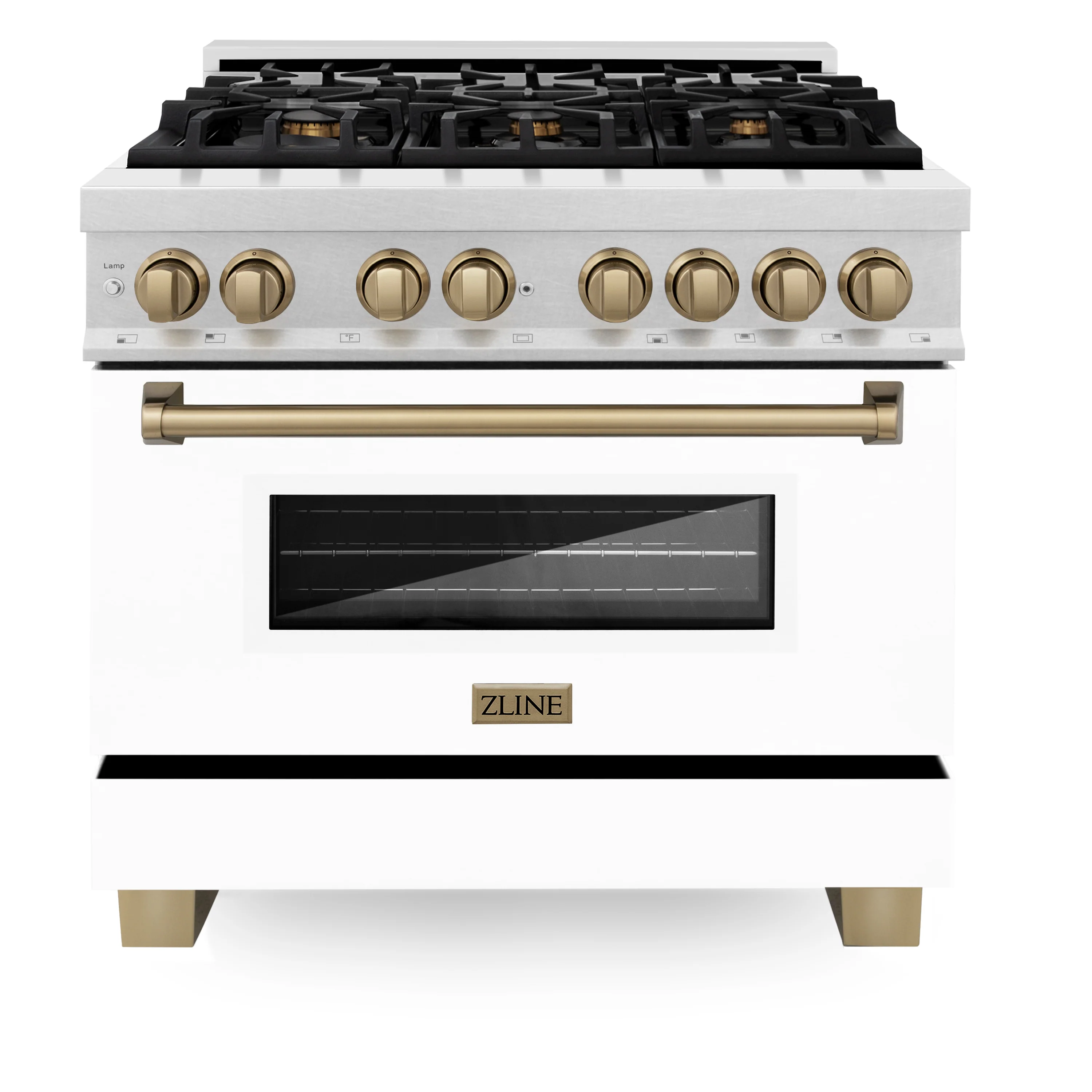ZLINE Autograph Edition 36 in. 4.6 cu. ft. Legacy Dual Fuel Range with 6 Burner Gas Cooktop and Electric Convection Oven in Satin Stainless Steel with White Matte Door and Champagne Bronze Accents (RASZ-WM-36-CB) - Image 4
