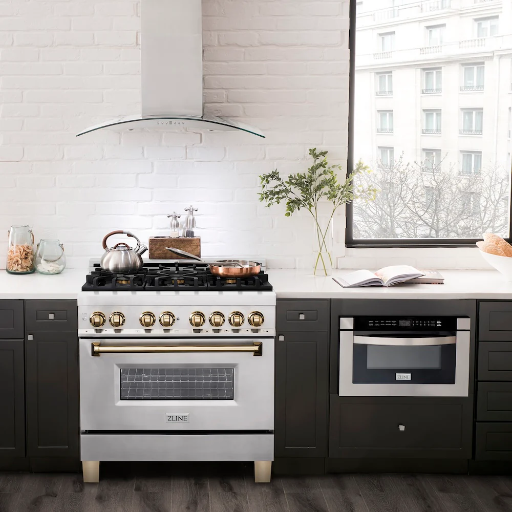 ZLINE Autograph Edition 36 in. 4.6 cu. ft. Legacy Dual Fuel Range with 6 Burner Gas Cooktop and Electric Convection Oven in Stainless Steel and Polished Gold Accents (RAZ-36-G) - Image 2