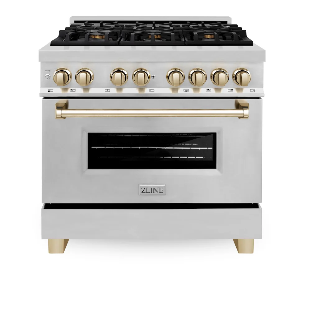 ZLINE Autograph Edition 36 in. 4.6 cu. ft. Legacy Dual Fuel Range with 6 Burner Gas Cooktop and Electric Convection Oven in Stainless Steel and Polished Gold Accents (RAZ-36-G) - Image 3