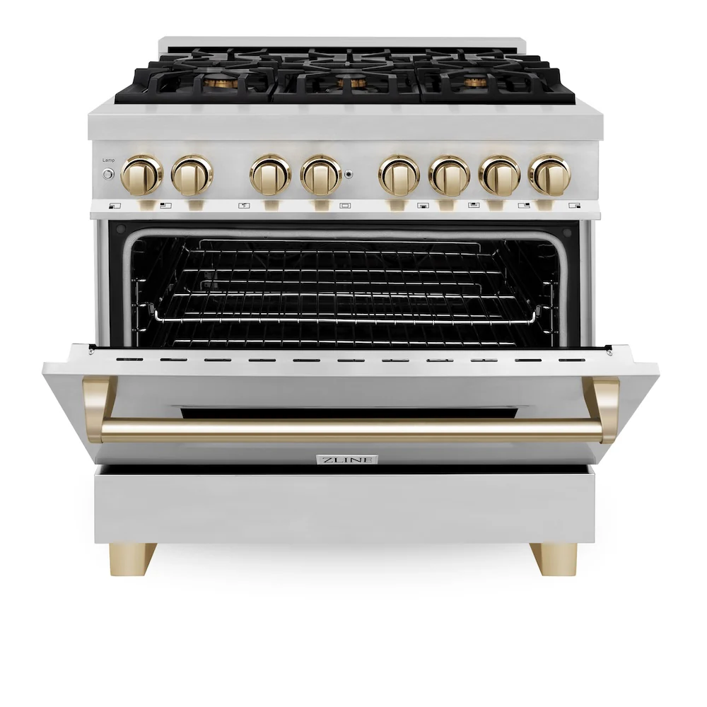 ZLINE Autograph Edition 36 in. 4.6 cu. ft. Legacy Dual Fuel Range with 6 Burner Gas Cooktop and Electric Convection Oven in Stainless Steel and Polished Gold Accents (RAZ-36-G) - Image 4