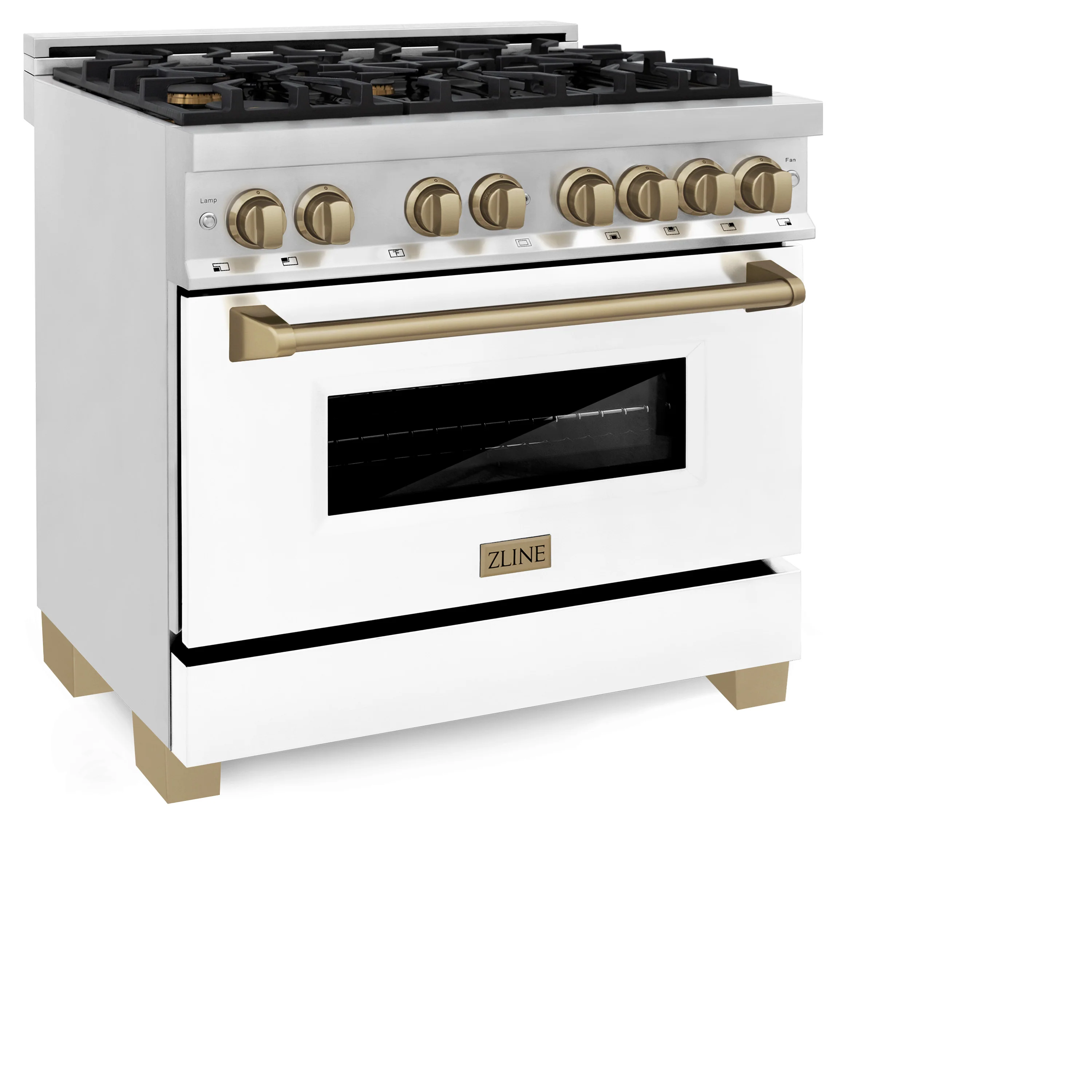 ZLINE Autograph Edition 36 in. 4.6 cu. ft. Legacy Dual Fuel Range with 6 Burner Gas Cooktop and Electric Convection Oven in Stainless Steel with White Matte Door and Champagne Bronze Accents (RAZ-WM-36-CB) - Image 4