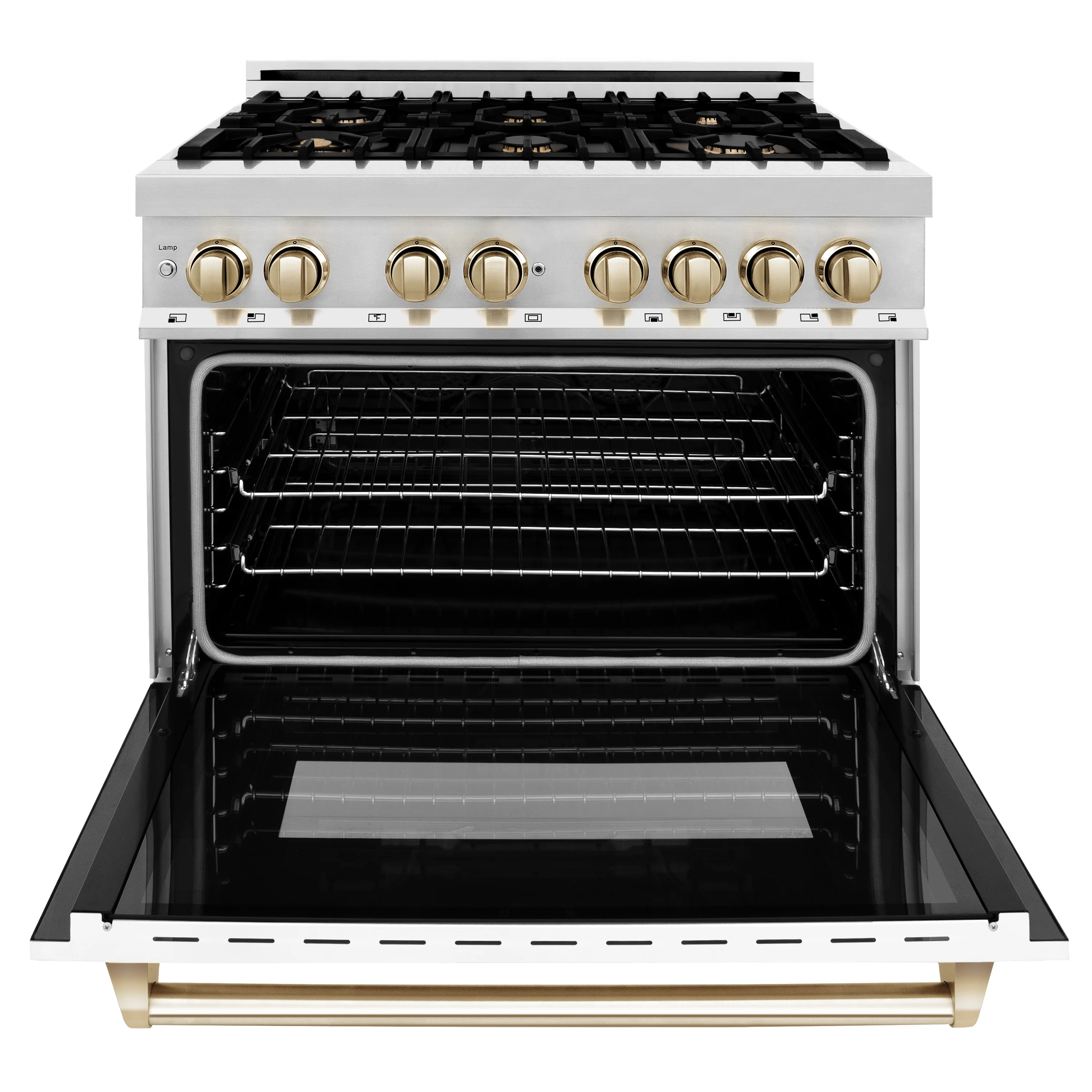 ZLINE Autograph Edition 36 in. 4.6 cu. ft. Legacy Dual Fuel Range with 6 Burner Gas Cooktop and Electric Convection Oven in Stainless Steel with White Matte Door and Polished Gold Accents (RAZ-WM-36-G) - Image 5