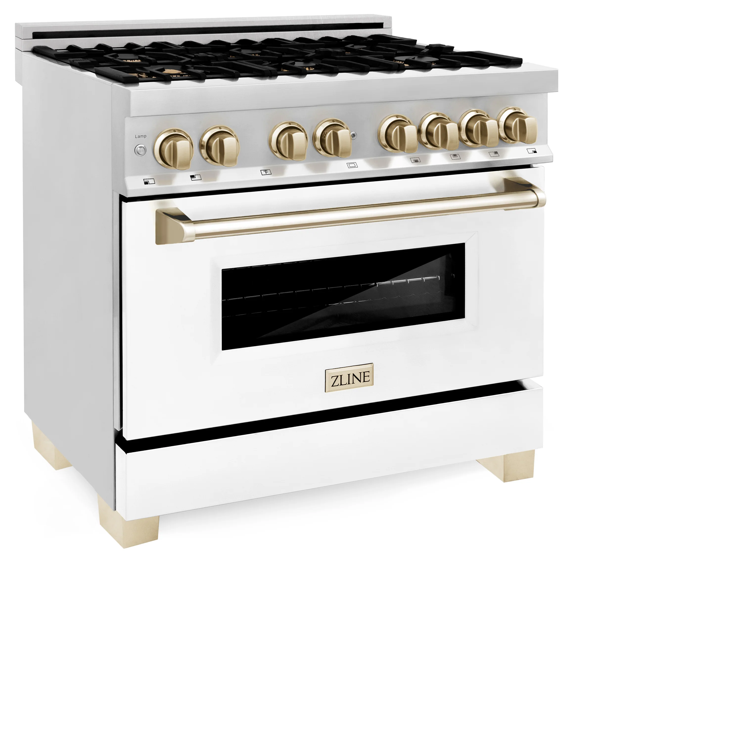 ZLINE Autograph Edition 36 in. 4.6 cu. ft. Legacy Dual Fuel Range with 6 Burner Gas Cooktop and Electric Convection Oven in Stainless Steel with White Matte Door and Polished Gold Accents (RAZ-WM-36-G) - Image 7