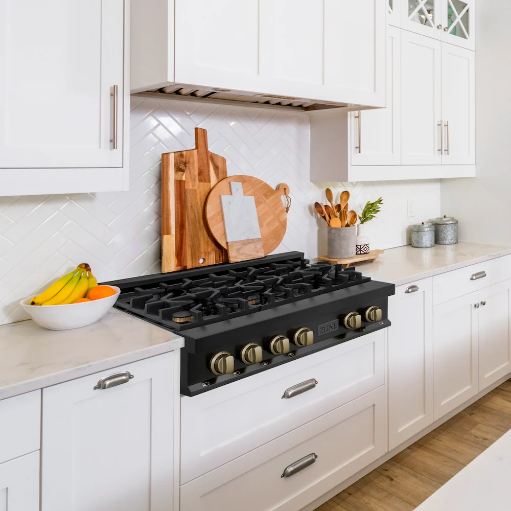 ZLINE Autograph Edition 36 in. Legacy Gas Rangetop with 6 Burners and Porcelain Cooktop in Black Stainless Steel with Champagne Bronze Accents (RTBZ-36-CB) - Image 2