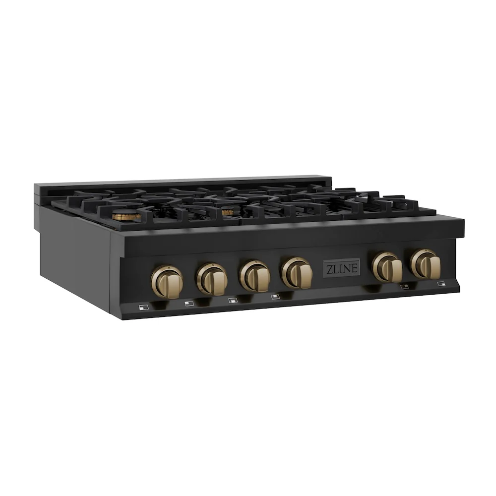 ZLINE Autograph Edition 36 in. Legacy Gas Rangetop with 6 Burners and Porcelain Cooktop in Black Stainless Steel with Champagne Bronze Accents (RTBZ-36-CB) - Image 3