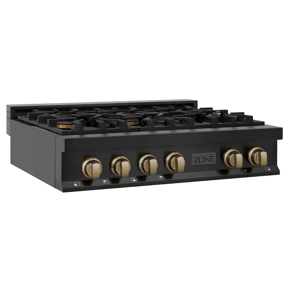 ZLINE Autograph Edition 36 in. Legacy Gas Rangetop with 6 Burners and Porcelain Cooktop in Black Stainless Steel with Champagne Bronze Accents (RTBZ-36-CB) - Image 4