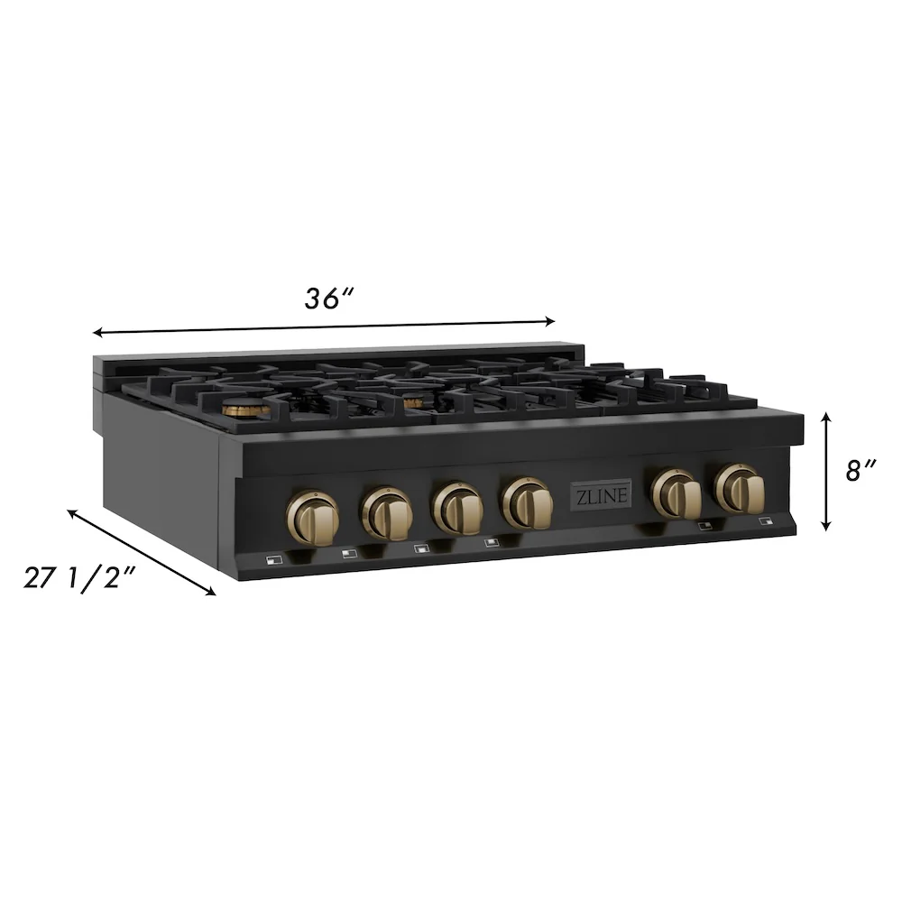 ZLINE Autograph Edition 36 in. Legacy Gas Rangetop with 6 Burners and Porcelain Cooktop in Black Stainless Steel with Champagne Bronze Accents (RTBZ-36-CB) - Image 8