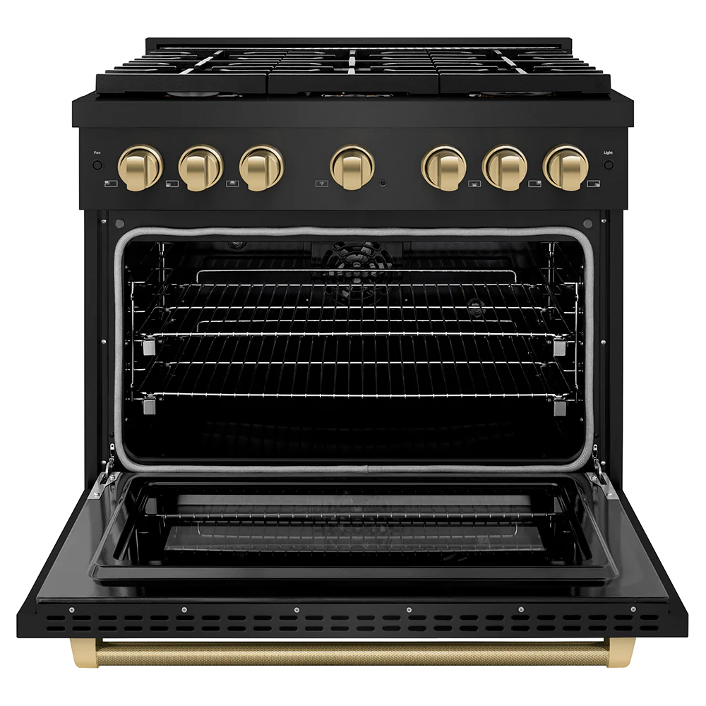 ZLINE Autograph Edition 36 in. 5.2 cu. ft. Paramount Dual Fuel Range with 6 Burner Gas Cooktop and Electric Convection Oven in Black Stainless Steel with Champagne Bronze Helix Handle and Knob Accents (SDRBZ-36-KCB) - Image 4