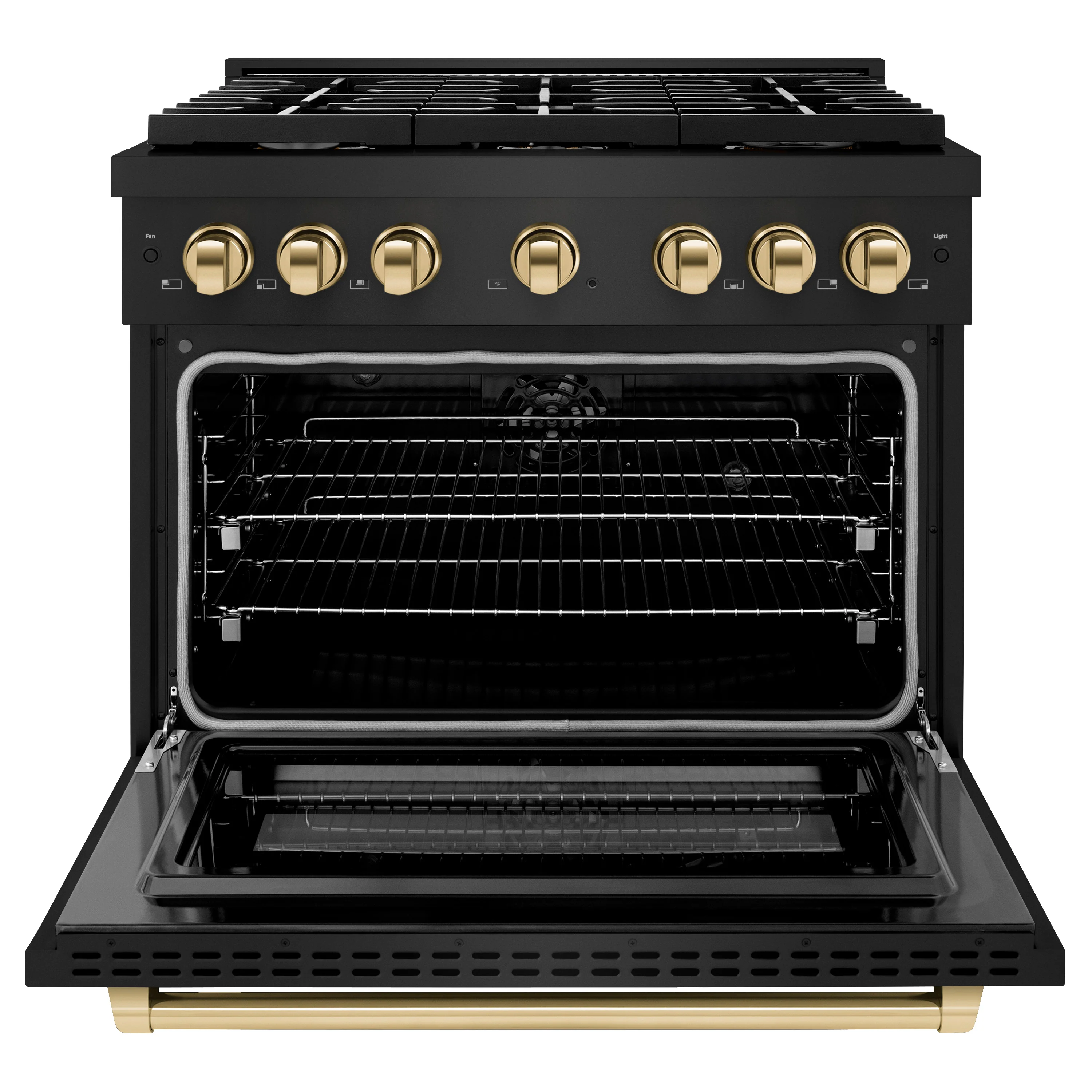 ZLINE Autograph Edition 36 in. 5.2 cu. ft. Paramount Dual Fuel Range with 6 Burner Gas Cooktop and Electric Convection Oven in Black Stainless Steel with Polished Gold Accents (SDRBZ-36-G) - Image 3
