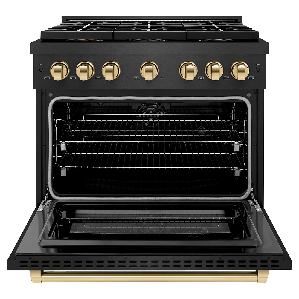ZLINE Autograph Edition 36 in. 5.2 cu. ft. Paramount Dual Fuel Range with 6 Burner DuoPro™ Cooktop and Electric Convection Oven in Black Satin Stainless Steel and Polished Gold Accents (PSDRBSZ-36-G) - Image 3