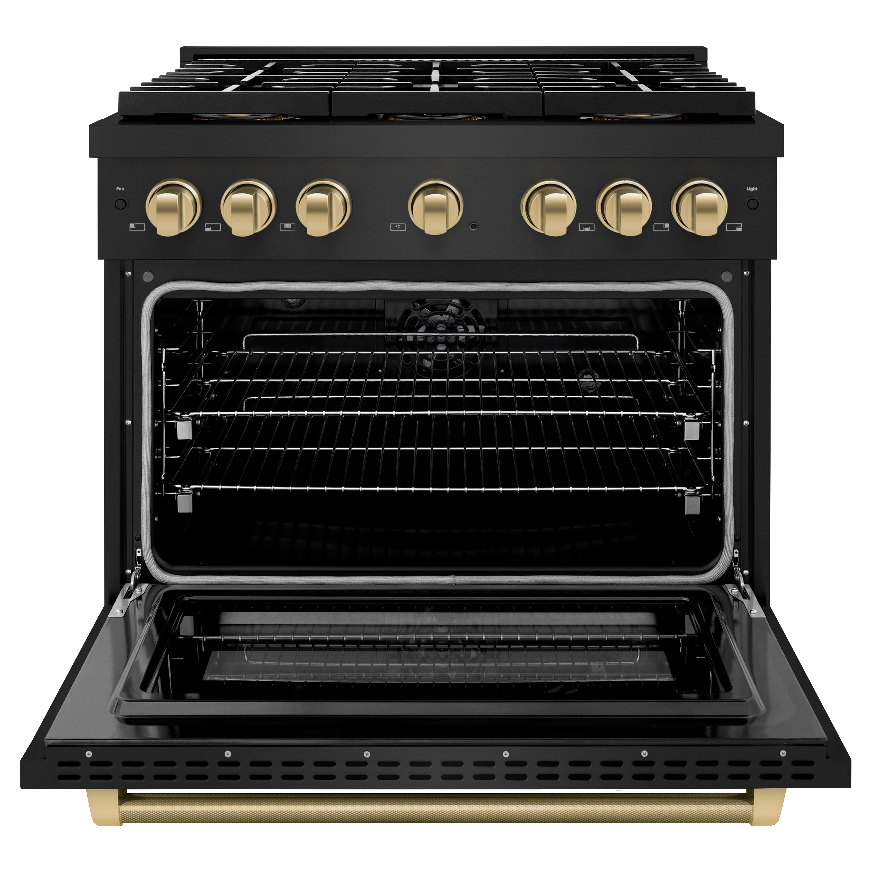 ZLINE Autograph Edition 36 in. 5.2 cu. ft. Paramount Dual Fuel Range with 6 Burner DuoPro™ Cooktop and Electric Convection Oven in Black Stainless Steel with Champagne Bronze Helix Handle and Accents (PSDRBZ-36-KCB) - Image 3