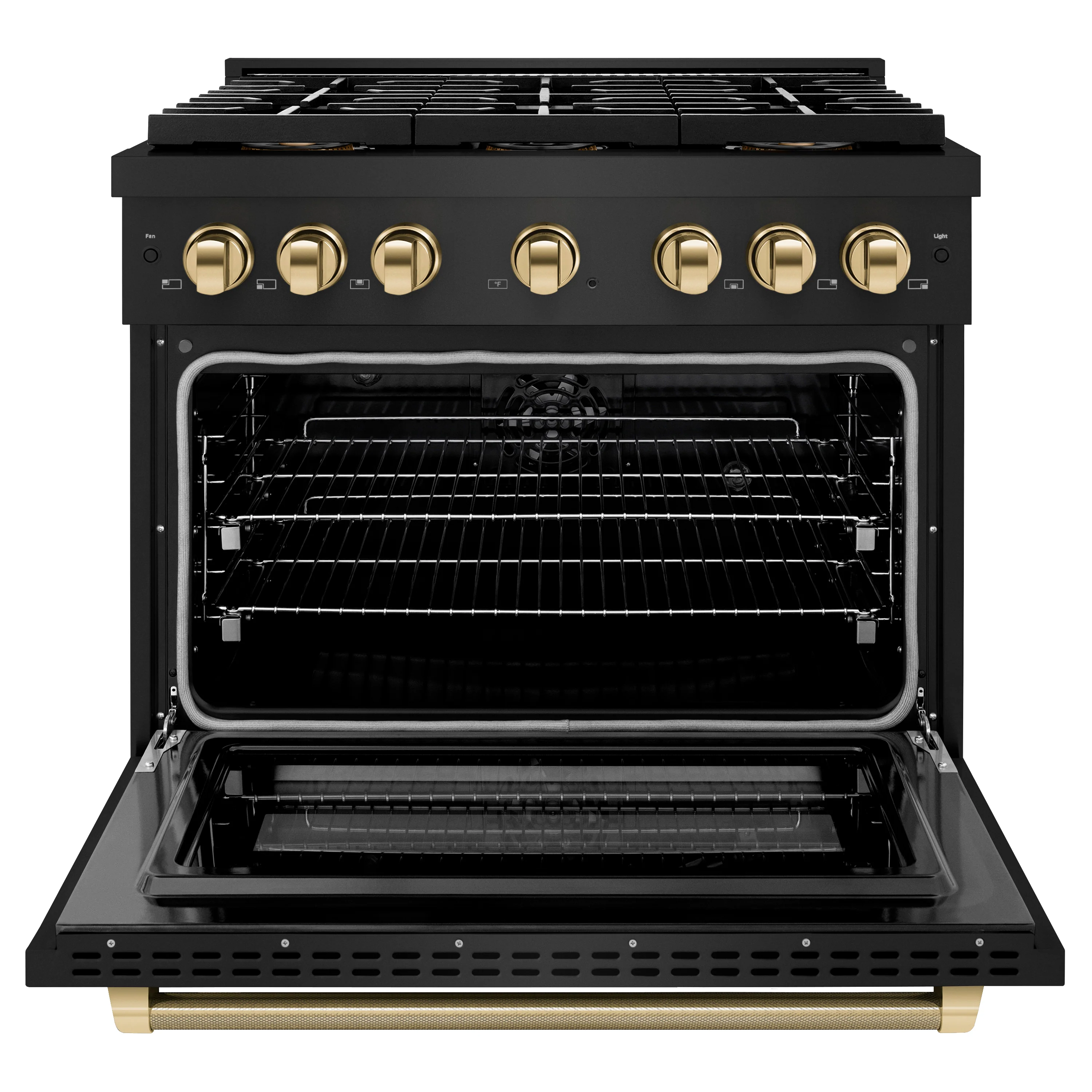 ZLINE Autograph Edition 36 in. 5.2 cu. ft. Paramount Dual Fuel Range with 6 Burner DuoPro™ Cooktop and Electric Convection Oven in Black Stainless Steel with Polished Gold Helix Handle and Accents (PSDRBZ-36-KG) - Image 3