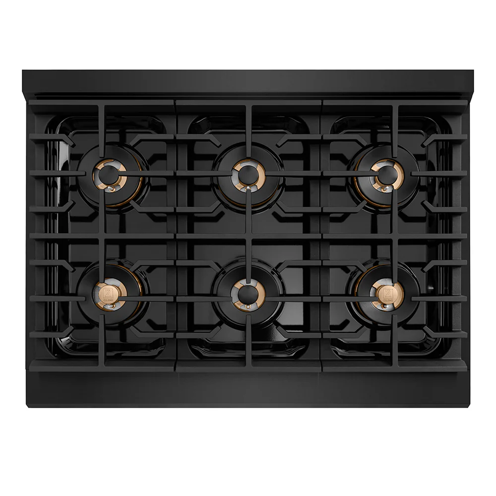 ZLINE Autograph Edition 36 in. 5.2 cu. ft. Paramount Dual Fuel Range with 6 Burner DuoPro™ Cooktop and Electric Convection Oven in Black Stainless Steel and Polished Gold Accents (PSDRBZ-36-G) - Image 2