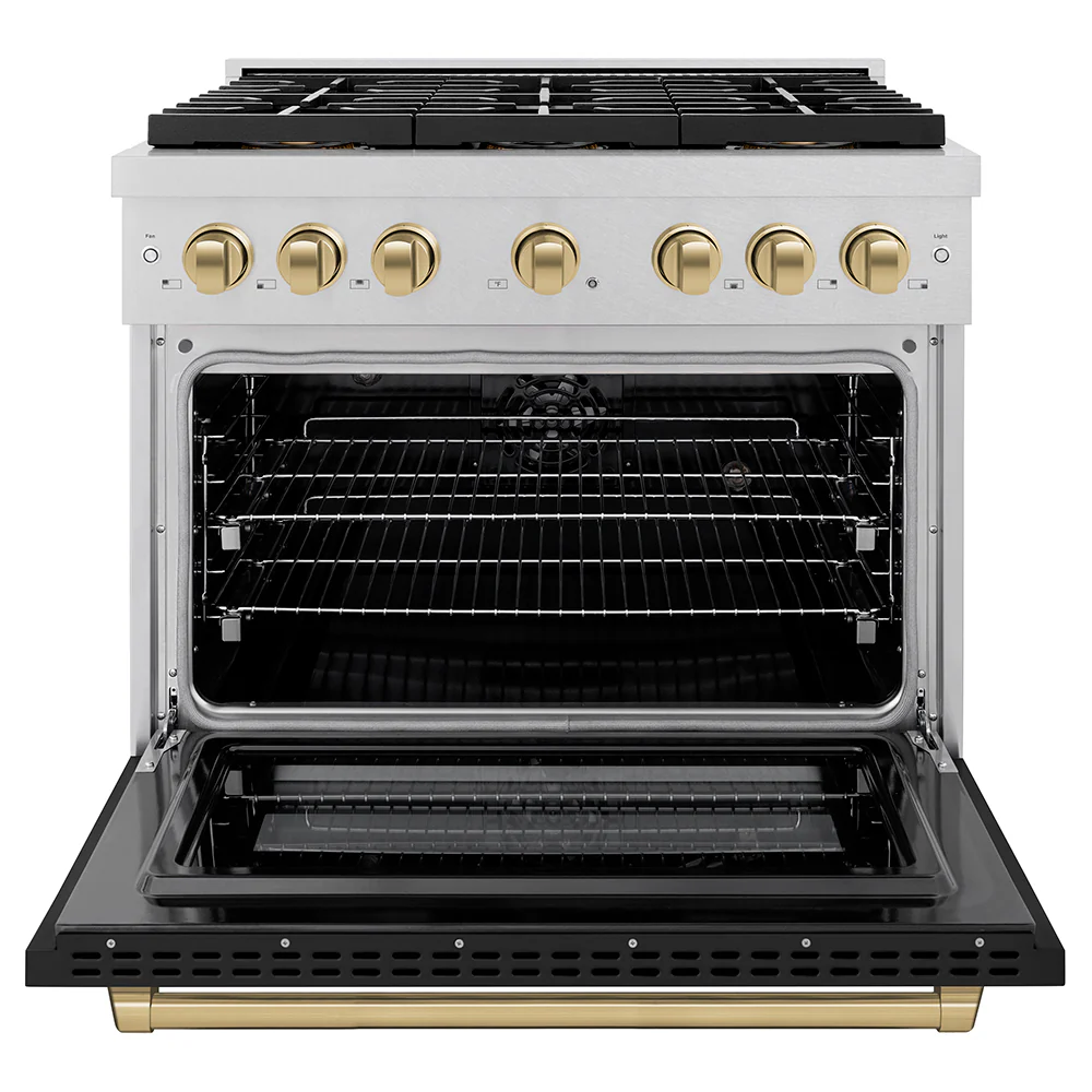 ZLINE Autograph Edition 36 in. 5.2 cu. ft. Paramount Dual Fuel Range with 6 Burner DuoPro™ Cooktop and Electric Convection Oven in Satin Stainless Steel with Black Matte Door and Champagne Bronze Accents (PSDRSZ-BLM36-CB) - Image 3