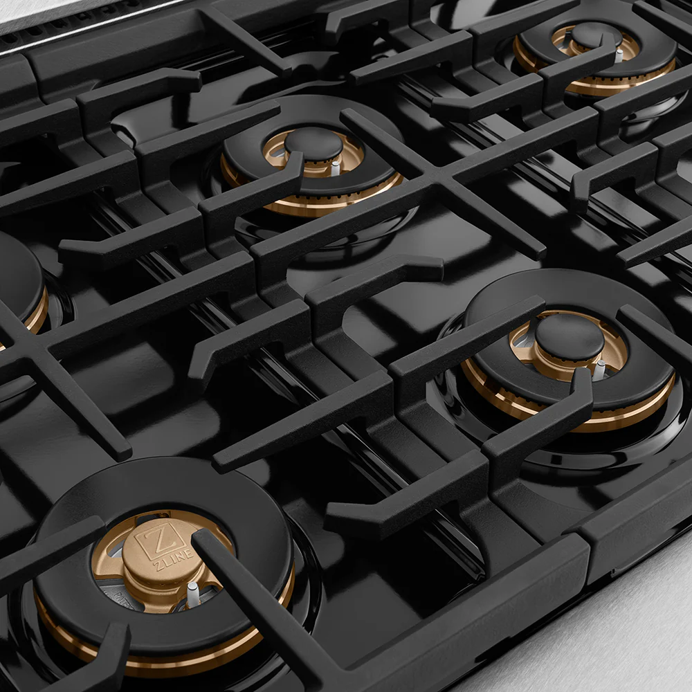ZLINE Autograph Edition 36 in. 5.2 cu. ft. Paramount Dual Fuel Range with 6 Burner DuoPro™ Cooktop and Electric Convection Oven in Satin Stainless Steel and Champagne Bronze Accents (PSDRSZ-36-CB) - Image 5