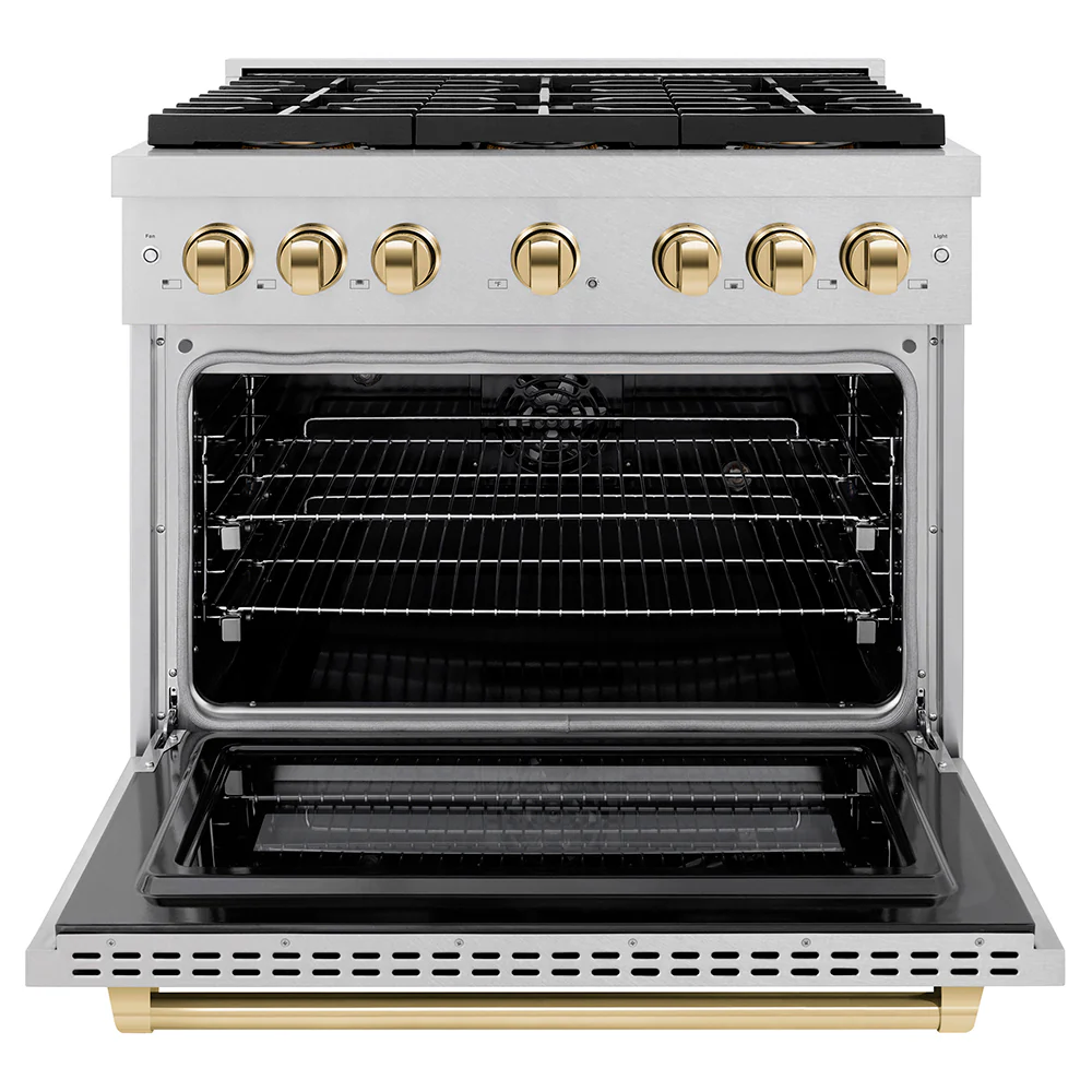 ZLINE Autograph Edition 36 in. 5.2 cu. ft. Paramount Dual Fuel Range with 6 Burner DuoPro™ Cooktop and Electric Convection Oven in Satin Stainless Steel and Polished Gold Accents (PSDRSZ-36-G) - Image 3