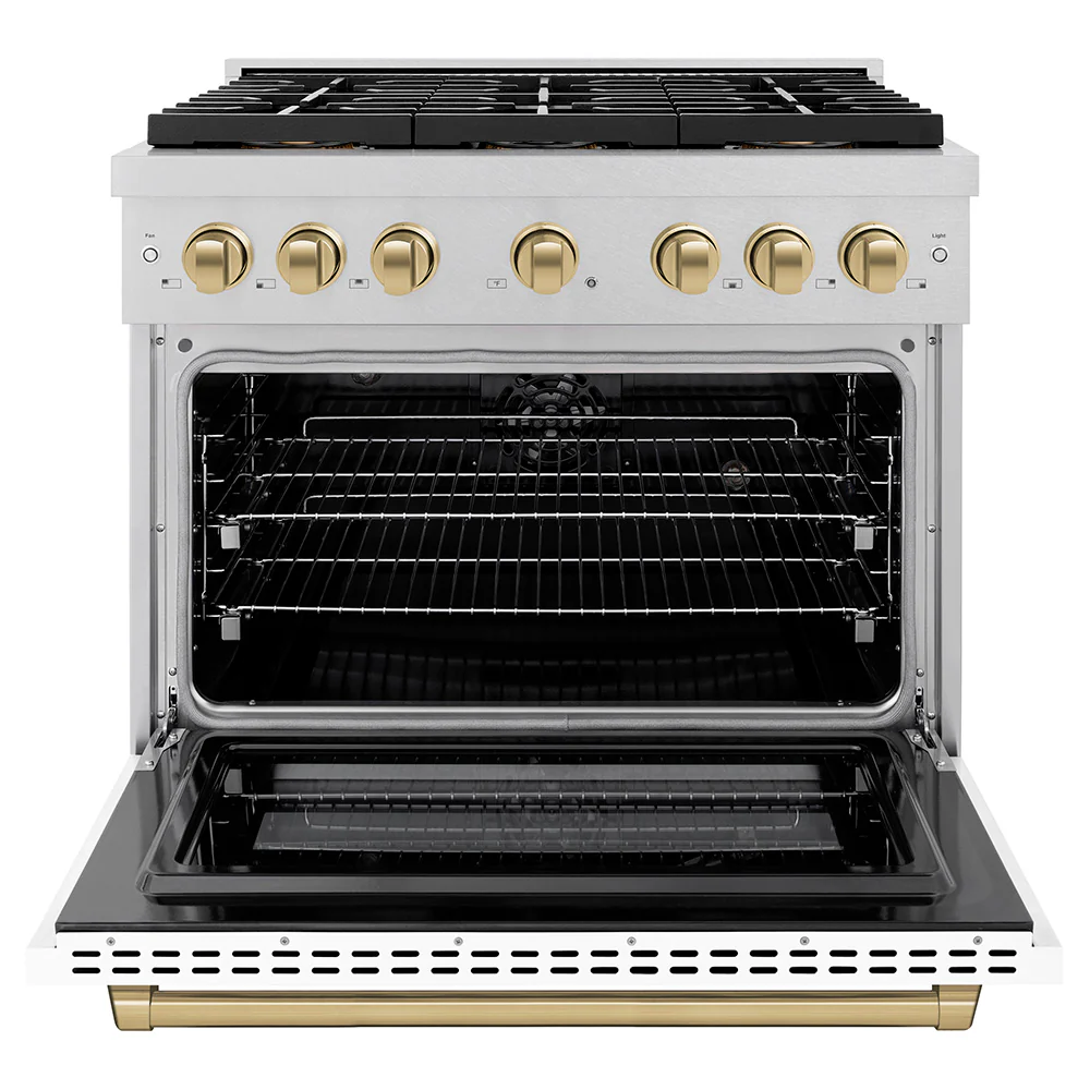 ZLINE Autograph Edition 36 in. 5.2 cu. ft. Paramount Dual Fuel Range with 6 Burner DuoPro™ Cooktop and Electric Convection Oven in Satin Stainless Steel with White Matte Door and Champagne Bronze Accents (PSDRSZ-WM-36-CB) - Image 3