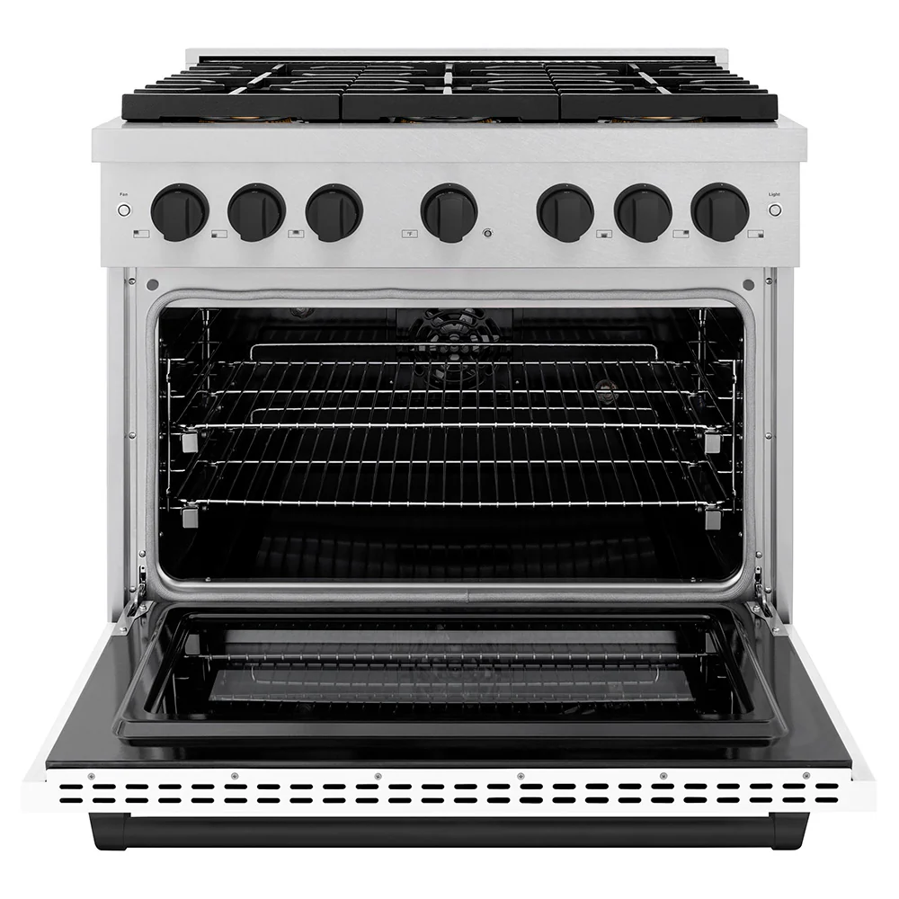 ZLINE Autograph Edition 36 in. 5.2 cu. ft. Paramount Dual Fuel Range with 6 Burner DuoPro™ Cooktop and Electric Convection Oven in Satin Stainless Steel with White Matte Door and Matte Black Accents (PSDRSZ-WM-36-MB) - Image 3