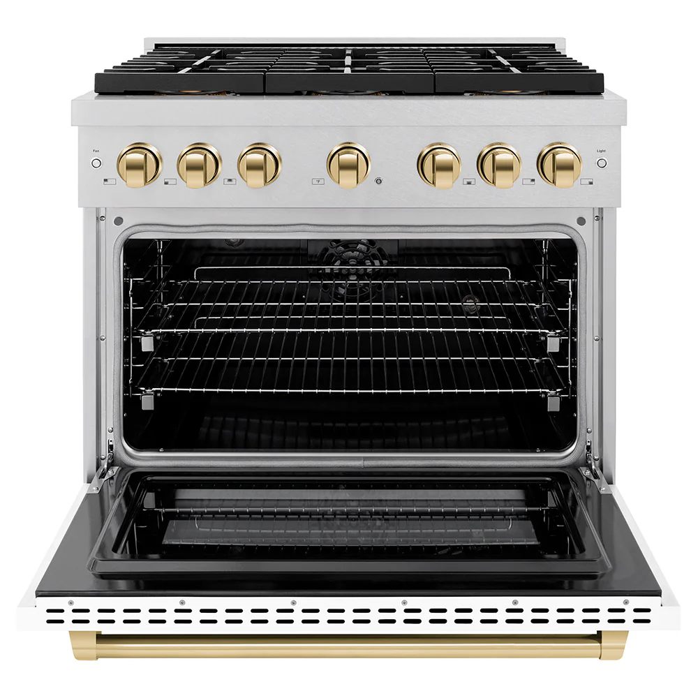 ZLINE Autograph Edition 36 in. 5.2 cu. ft. Paramount Dual Fuel Range with 6 Burner DuoPro™ Cooktop and Electric Convection Oven in Satin Stainless Steel with White Matte Door and Polished Gold Accents (PSDRSZ-WM-36-G) - Image 3