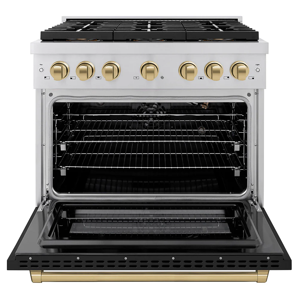 ZLINE Autograph Edition 36 in. 5.2 cu. ft. Paramount Dual Fuel Range with 6 Burner DuoPro™ Cooktop and Electric Convection Oven with Black Matte Door and Champagne Bronze Accents (PSDRZ-BLM-36-CB) - Image 3