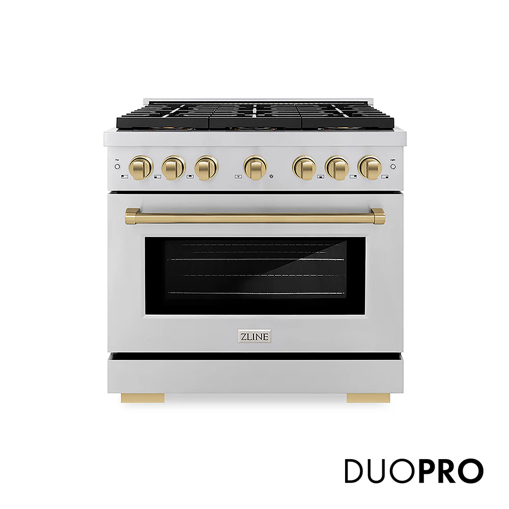 ZLINE Autograph Edition 36 in. 5.2 cu. ft. Paramount Dual Fuel Range with 6 Burner DuoPro™ Cooktop and Electric Convection Oven in Stainless Steel and Champagne Bronze Accents (PSDRZ-36-CB)