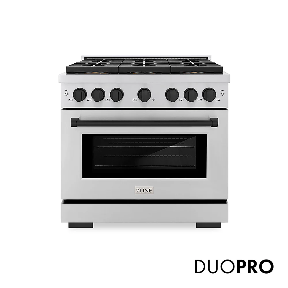 ZLINE Autograph Edition 36 in. 5.2 cu. ft. Paramount Dual Fuel Range with 6 Burner DuoPro™ Cooktop and Electric Convection Oven in Stainless Steel and Matte Black Accents (PSDRZ-36-MB)
