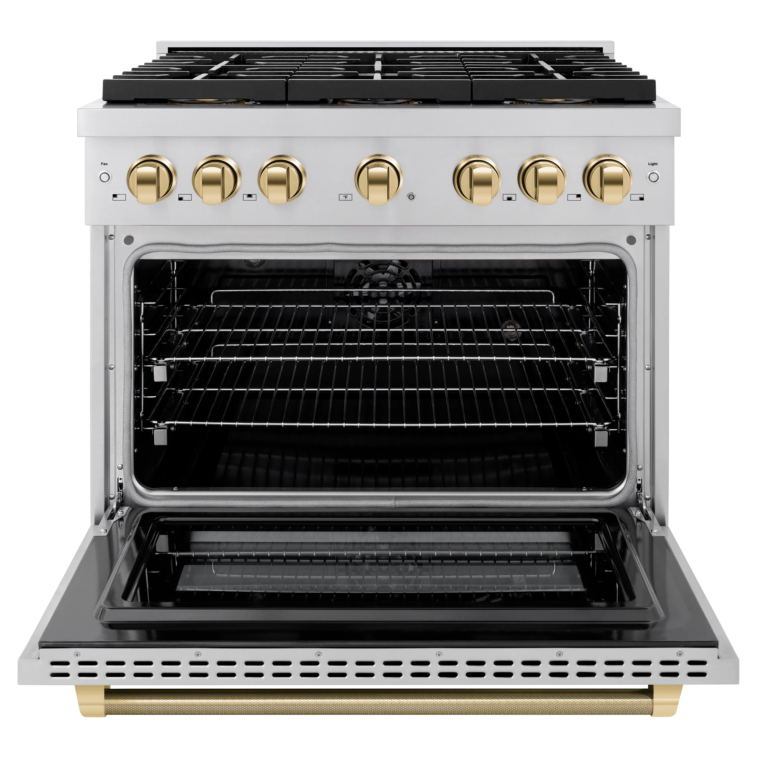 ZLINE Autograph Edition 36 in. 5.2 cu. ft. Paramount Dual Fuel Range with 6 Burner DuoPro™ Cooktop and Electric Convection Oven in Stainless Steel with Polished Gold Helix Handle and Accents (PSDRZ-36-KG) - Image 4
