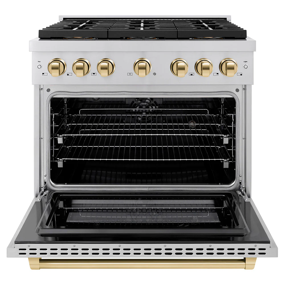 ZLINE Autograph Edition 36 in. 5.2 cu. ft. Paramount Dual Fuel Range with 6 Burner DuoPro™ Cooktop and Electric Convection Oven in Stainless Steel and Polished Gold Accents (PSDRZ-36-G) - Image 3