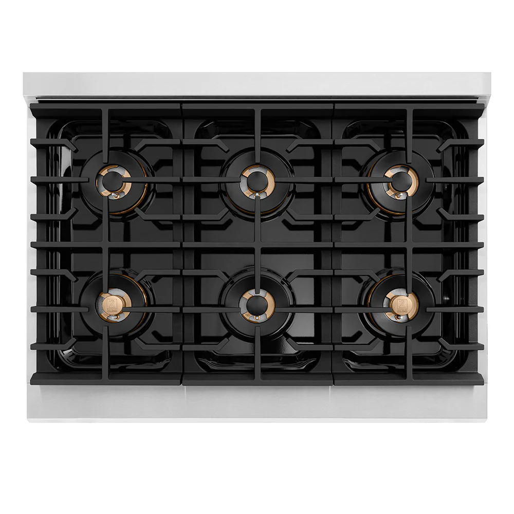 ZLINE Autograph Edition 36 in. 5.2 cu. ft. Paramount Dual Fuel Range with 6 Burner DuoPro™ Cooktop and Electric Convection Oven with White Matte Door and Champagne Bronze Accents (PSDRZ-WM-36-CB) - Image 2