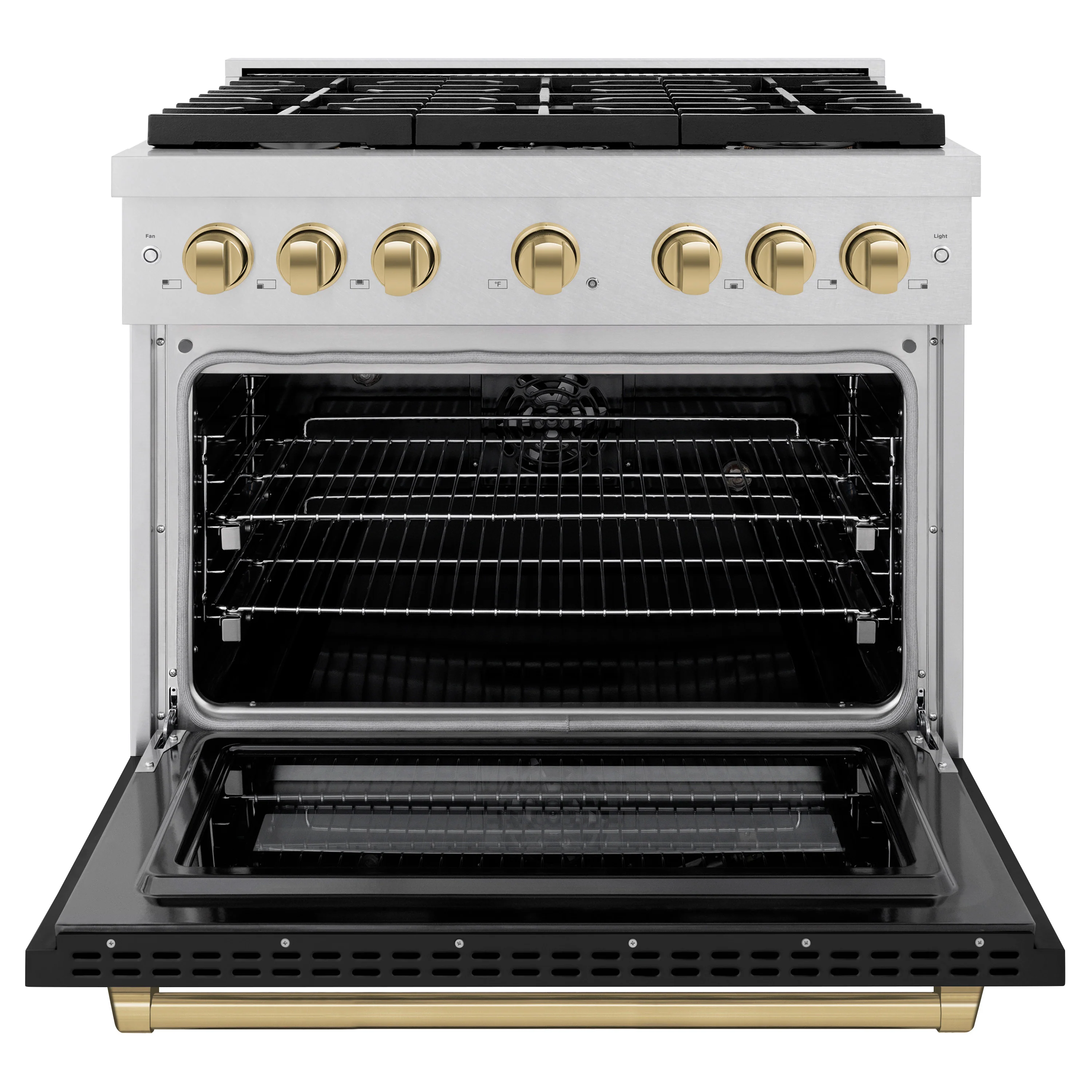 ZLINE Autograph Edition 36 in. 5.2 cu. ft. Paramount Dual Fuel Range with 6 Burner Gas Cooktop and Electric Convection Oven in Satin Stainless Steel with Black Matte Door and Champagne Bronze Accents (SDRSZ-BLM-36-CB) - Image 6