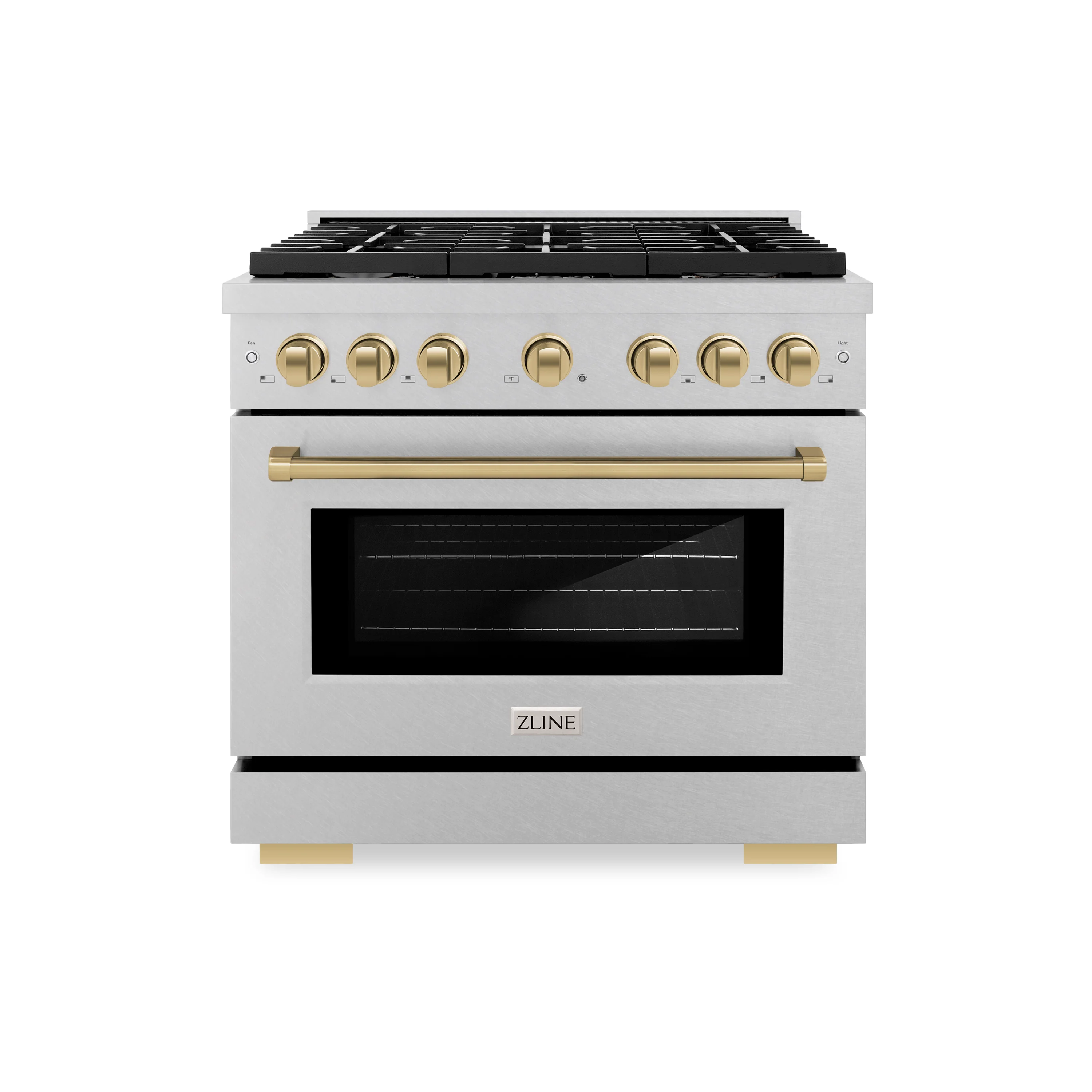 ZLINE Autograph Edition 36 in. 5.2 cu. ft. Paramount Dual Fuel Range with 6 Burner Gas Cooktop and Electric Convection Oven in Satin Stainless Steel with Champagne Bronze Accents (SDRSZ-36-CB) - Image 4