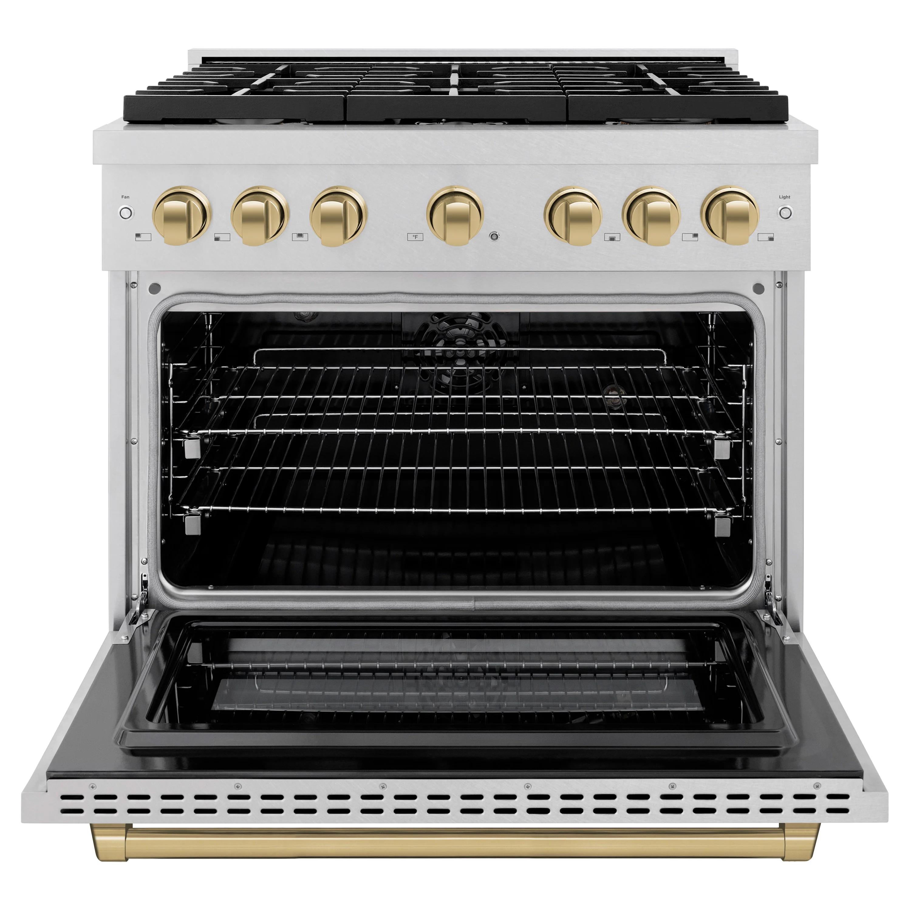 ZLINE Autograph Edition 36 in. 5.2 cu. ft. Paramount Dual Fuel Range with 6 Burner Gas Cooktop and Electric Convection Oven in Satin Stainless Steel with Champagne Bronze Accents (SDRSZ-36-CB) - Image 6