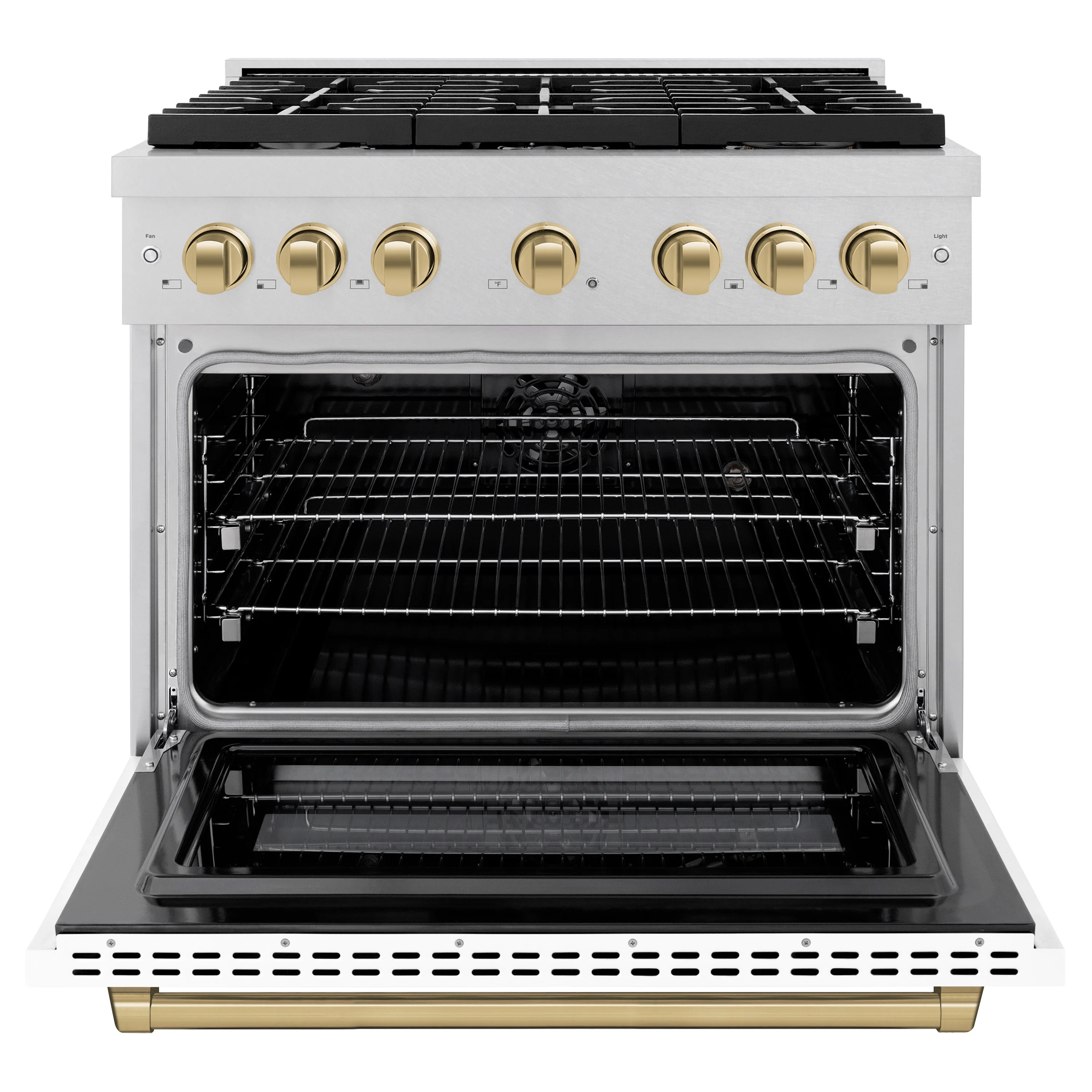 ZLINE Autograph Edition 36 in. 5.2 cu. ft. Paramount Dual Fuel Range with 6 Burner Gas Cooktop and Electric Convection Oven in Satin Stainless Steel with White Matte Door and Champagne Bronze Accents (SDRSZ-WM-36-CB) - Image 7