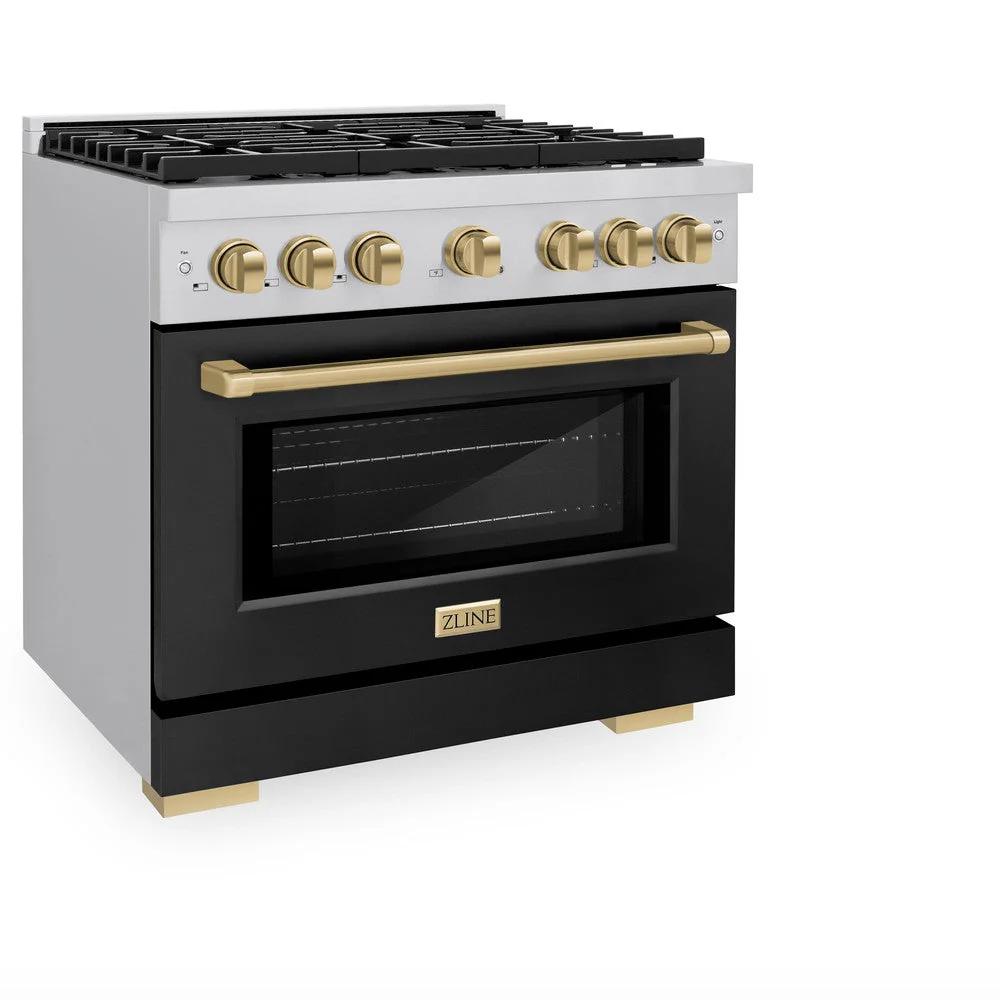 ZLINE Autograph Edition 36 in. 5.2 cu. ft. Paramount Dual Fuel Range with 6 Burner Gas Cooktop and Electric Convection Oven in Stainless Steel with Black Matte Door and Champagne Bronze Accents (SDRZ-BLM-36-CB) - Image 4