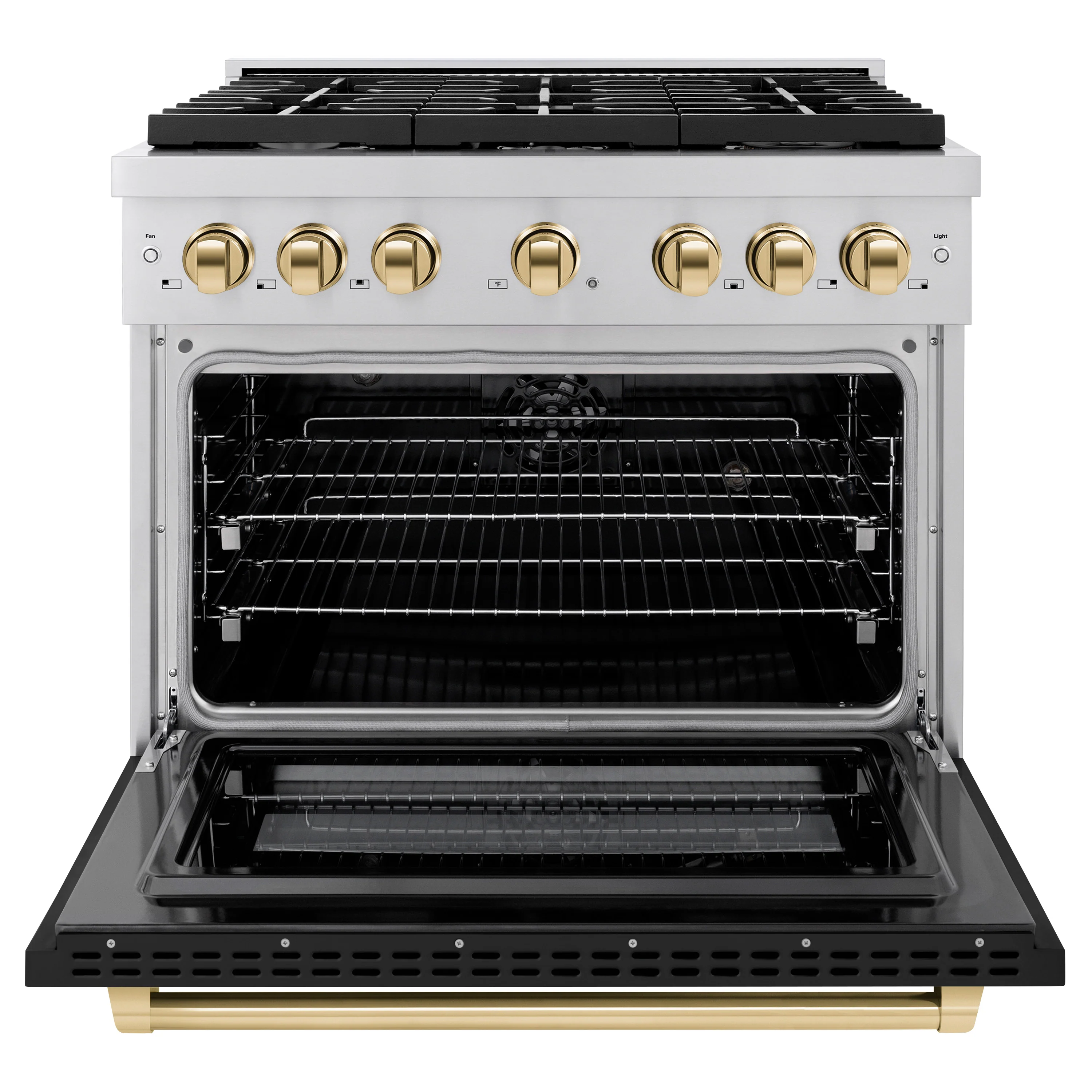 ZLINE Autograph Edition 36 in. 5.2 cu. ft. Paramount Dual Fuel Range with 6 Burner Gas Cooktop and Electric Convection Oven in Stainless Steel with Black Matte Door and Polished Gold Accents (SDRZ-BLM-36-G) - Image 3
