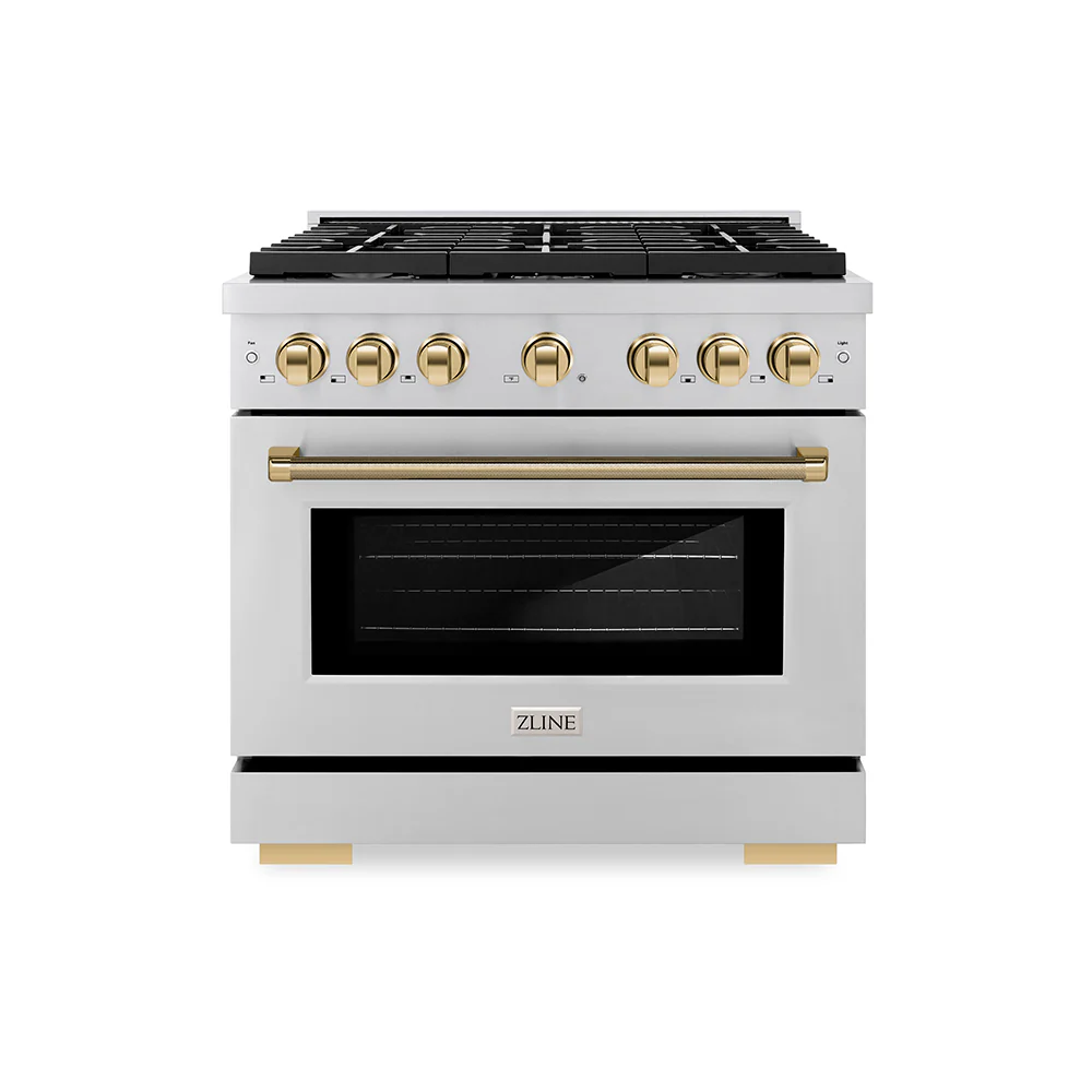 ZLINE Autograph Edition 36 in. 5.2 cu. ft. Paramount Dual Fuel Range with 6 Burner Gas Cooktop and Electric Convection Oven in Stainless Steel with Polished Gold Helix Handle and Knob Accents (SDRZ-36-KG)