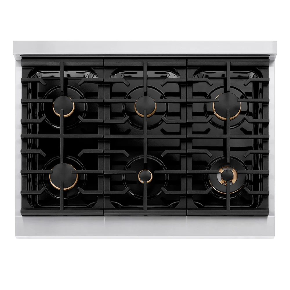 ZLINE Autograph Edition 36 in. 5.2 cu. ft. Paramount Dual Fuel Range with 6 Burner Gas Cooktop and Electric Convection Oven in Stainless Steel with Polished Gold Helix Handle and Knob Accents (SDRZ-36-KG) - Image 3