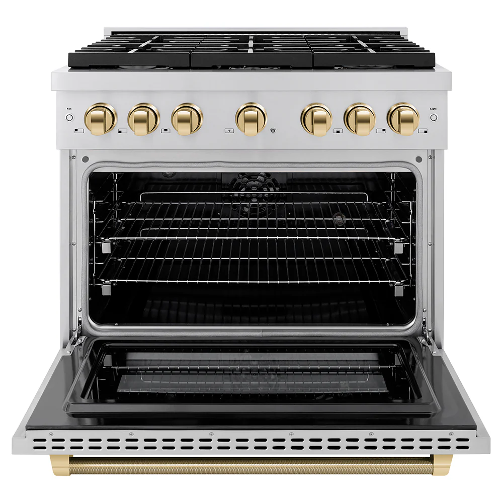 ZLINE Autograph Edition 36 in. 5.2 cu. ft. Paramount Dual Fuel Range with 6 Burner Gas Cooktop and Electric Convection Oven in Stainless Steel with Polished Gold Helix Handle and Knob Accents (SDRZ-36-KG) - Image 4