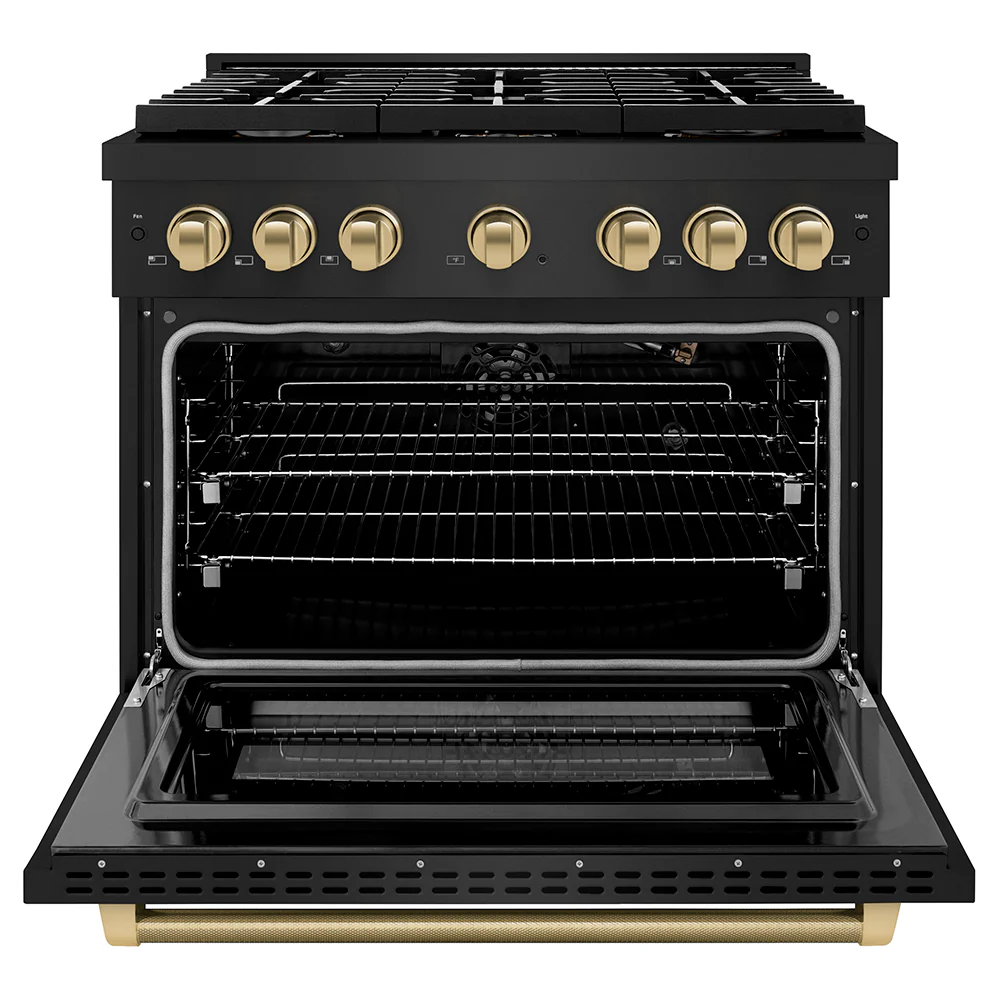 ZLINE Autograph Edition 36 in. 5.2 cu. ft. Paramount Gas Range with 6 Burner Cooktop and Convection Gas Oven in Black Stainless Steel with Champagne Bronze Helix Handle and Knob Accents (SGRBZ-36-KCB) - Image 4
