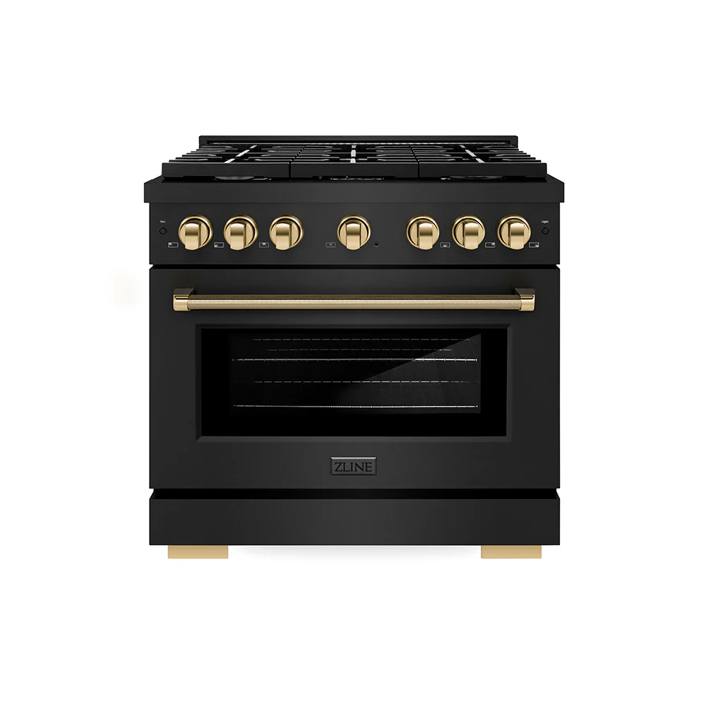 ZLINE Autograph Edition 36 in. 5.2 cu. ft. Paramount Gas Range with 6 Burner Cooktop and Convection Gas Oven in Black Stainless Steel with Polished Gold Helix Handle and Knob Accents (SGRBZ-36-KG)