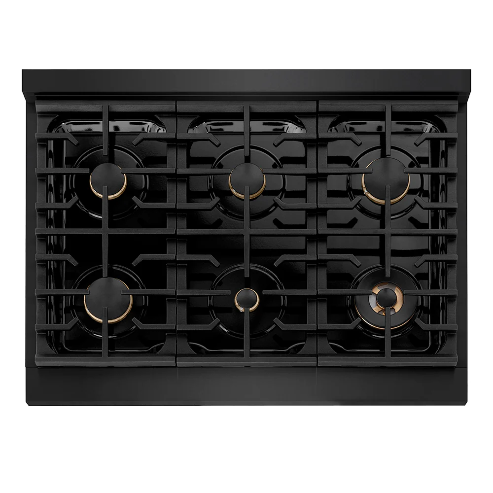 ZLINE Autograph Edition 36 in. 5.2 cu. ft. Paramount Gas Range with 6 Burner Cooktop and Convection Gas Oven in Black Stainless Steel with Polished Gold Helix Handle and Knob Accents (SGRBZ-36-KG) - Image 3